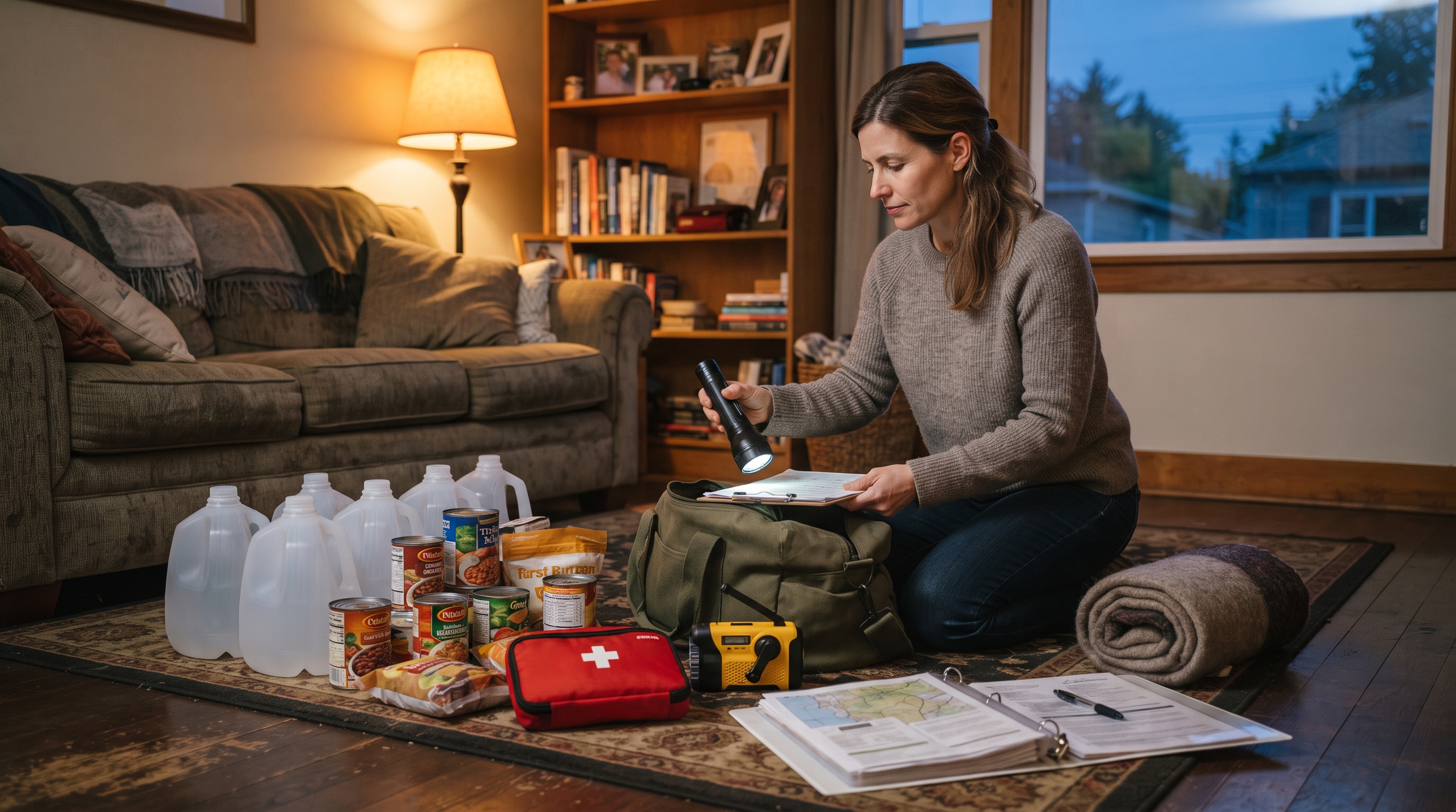 An adult packing a duffel bag with water bottles, canned food, a flashlight and a first aid kit laid out on a living room floor