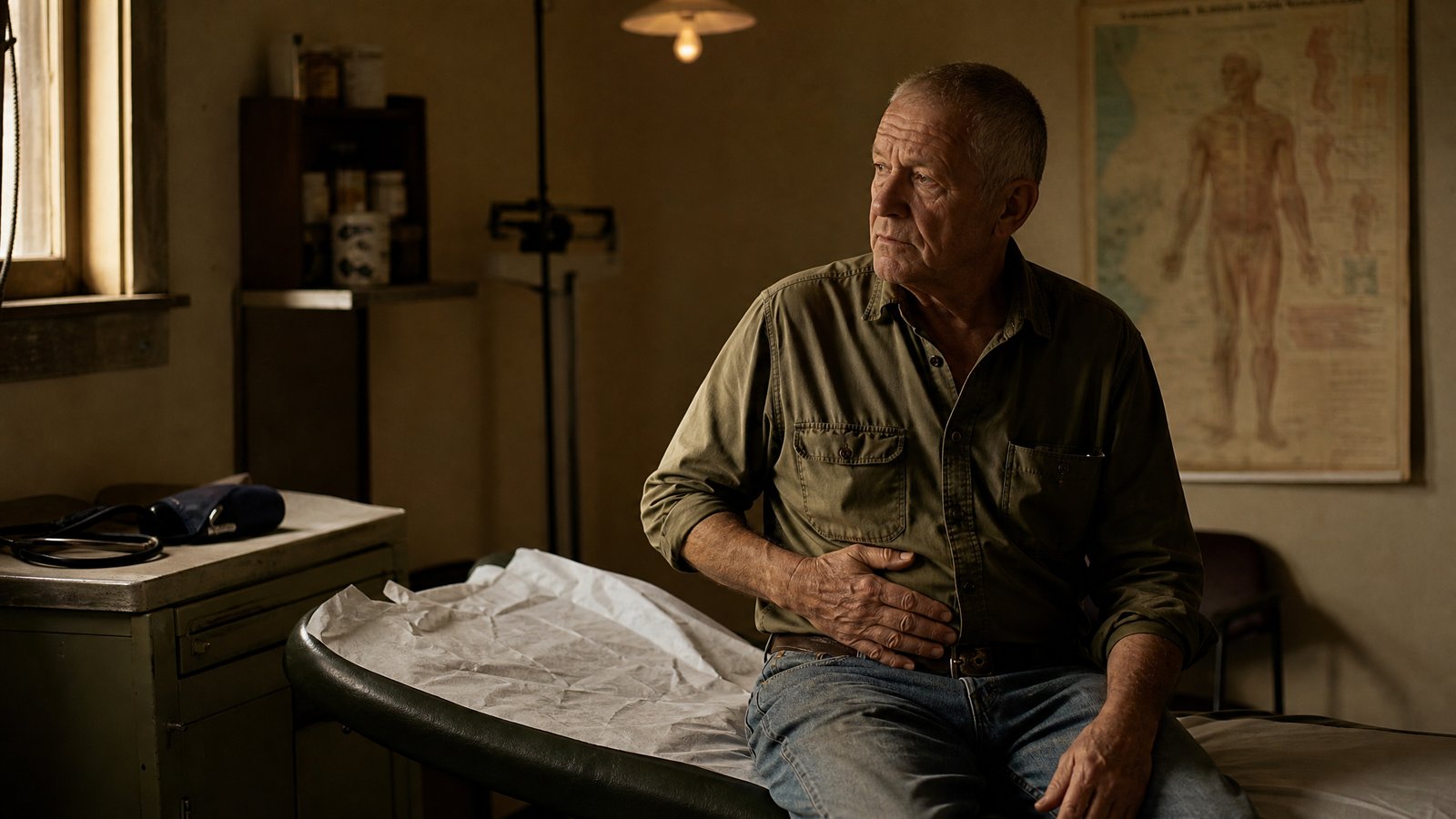 A man in his late sixties sits on the edge of an examination table in a dim clinic room at dusk, one hand pressed low against his abdomen, waiting