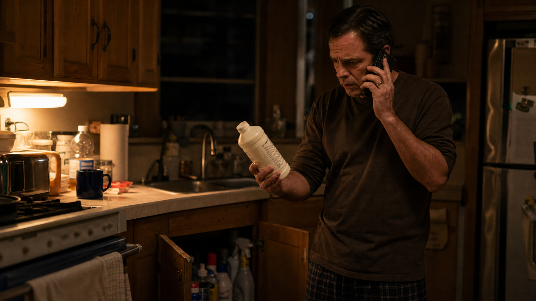 A worried middle-aged man standing at a kitchen counter at night holding a household chemical bottle in one hand and his phone to his ear in the other, an open cabinet of cleaning products beside him, warm low light