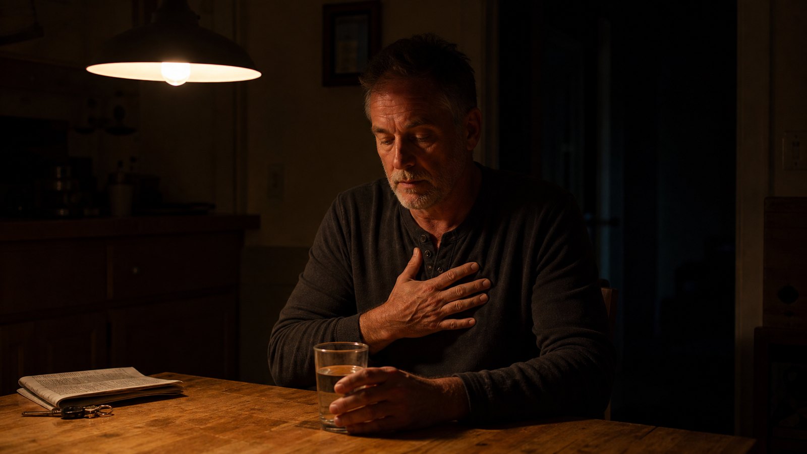 A man in his late fifties sits alone at a kitchen table late at night under a single warm pendant light, one hand resting flat over the center of his chest and a half-full glass of water beside him