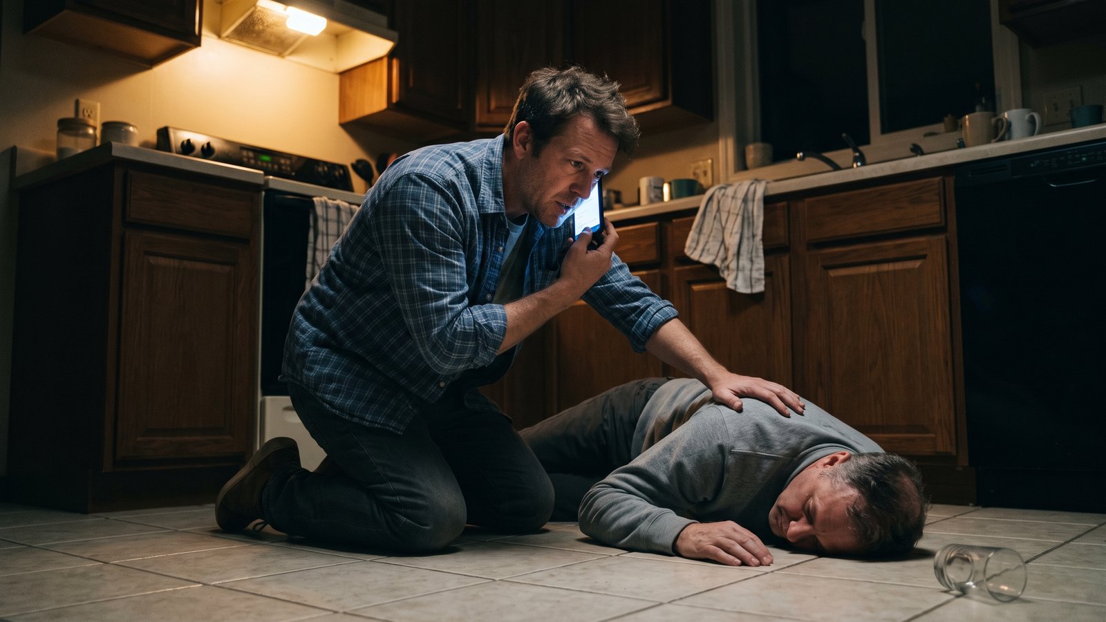 A man kneels on a dim kitchen floor beside an unresponsive adult lying on his side, one hand on his shoulder and a phone lit in the other