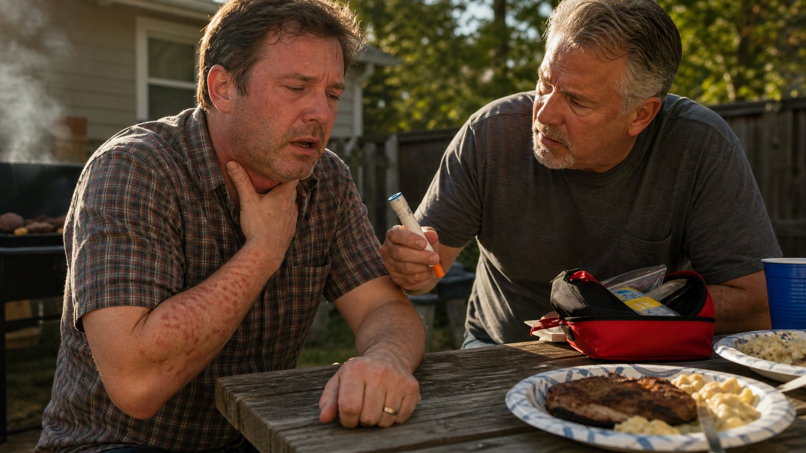 Man in his forties at a backyard cookout gripping the edge of a picnic table with hives rising on his forearm, a friend reaching toward him with an epinephrine auto-injector in warm late-afternoon light
