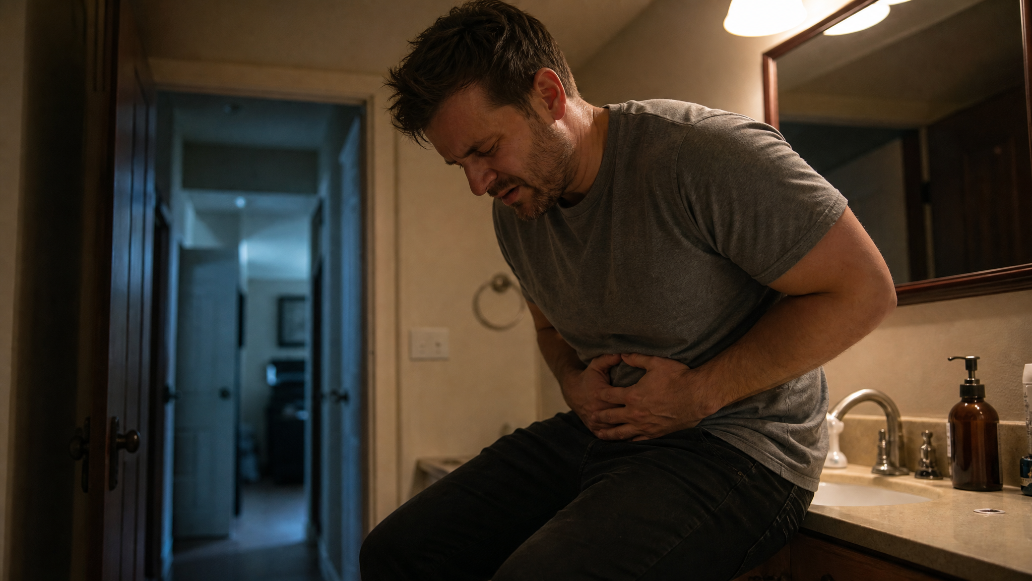 A man sits on the edge of a bathroom sink at night, hunched over and holding his lower right abdomen in pain