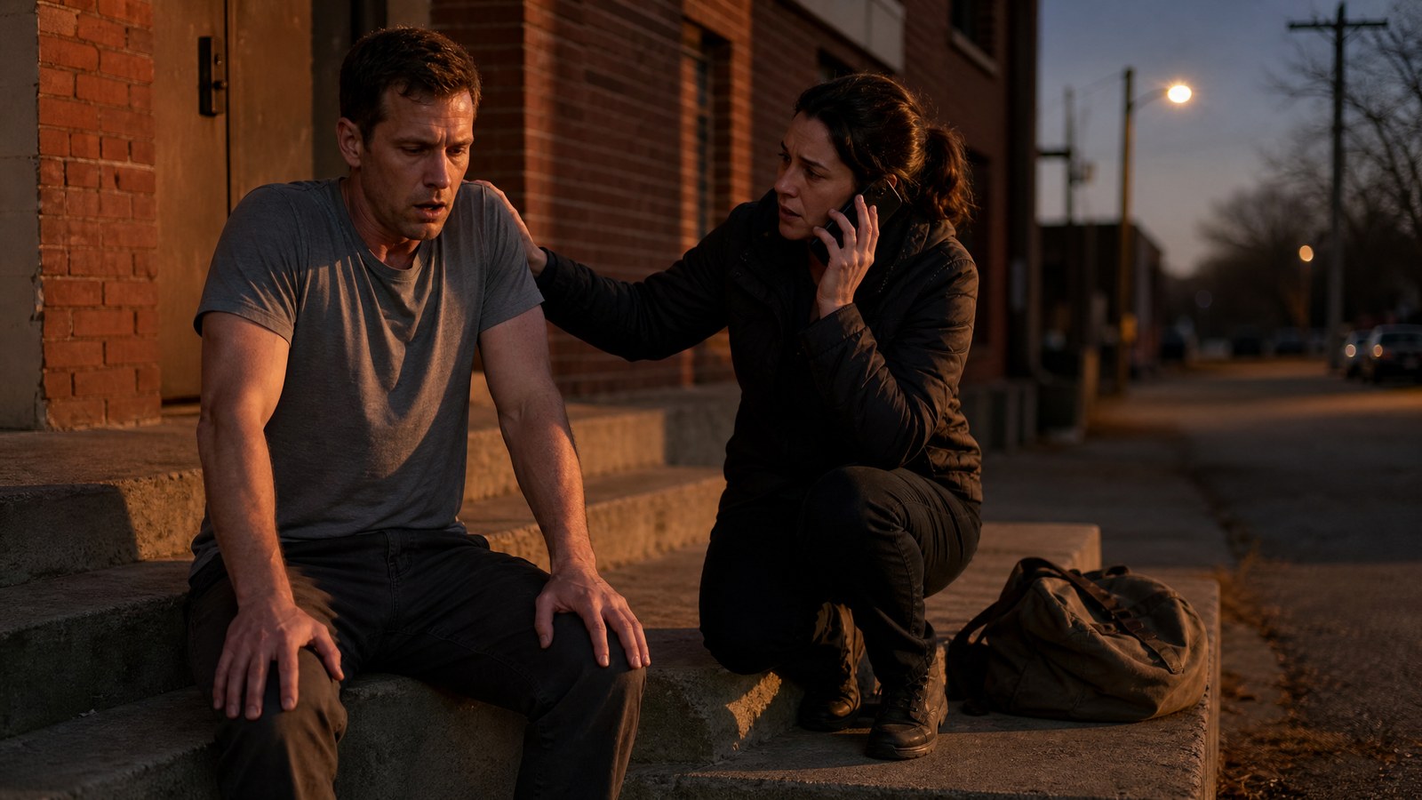 A man sits bolt upright on a concrete step at dusk, hands braced on his knees and shoulders raised as he works to breathe, while a woman crouches beside him with a phone to her ear