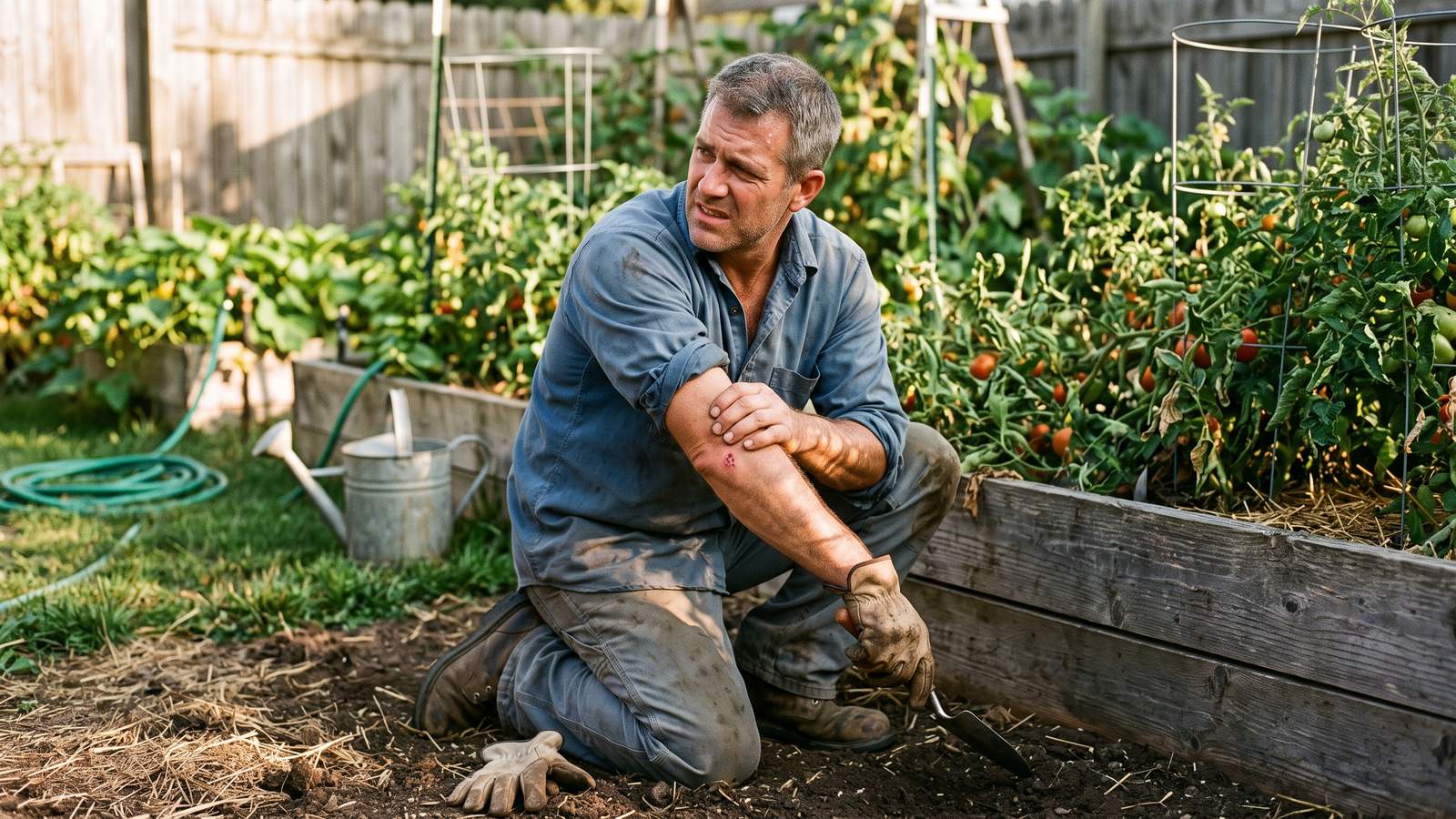An adult gardener kneeling beside a raised bed in late afternoon light, gloves off, gripping his own forearm where he has just been stung