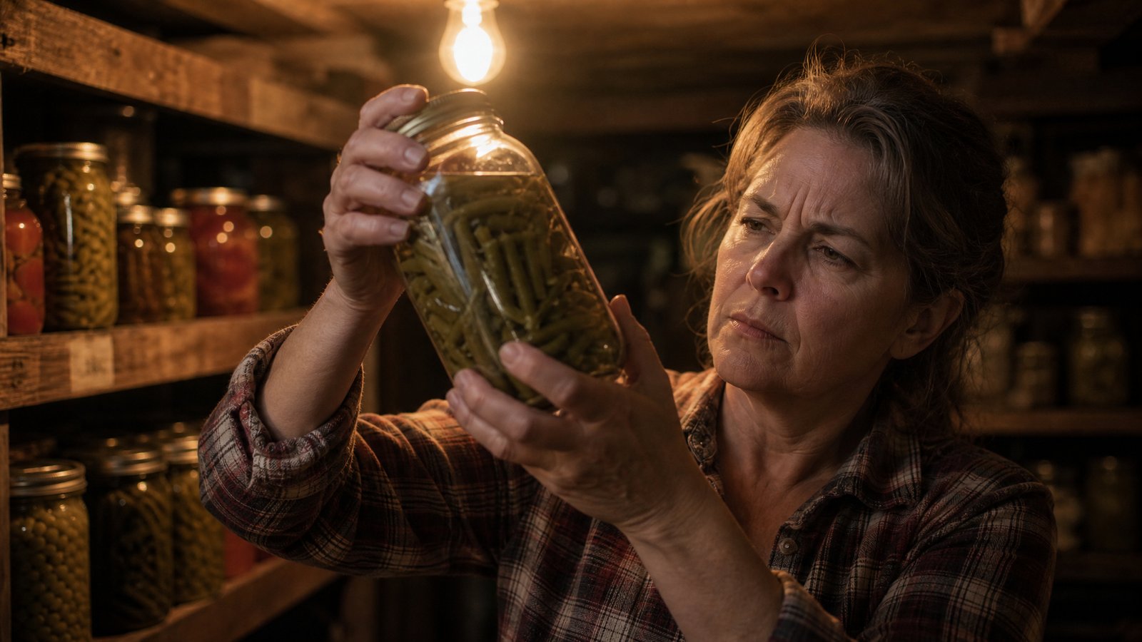 A woman in a home pantry at night holding a sealed jar of home-canned green beans up to the light, examining it closely with a concerned expression
