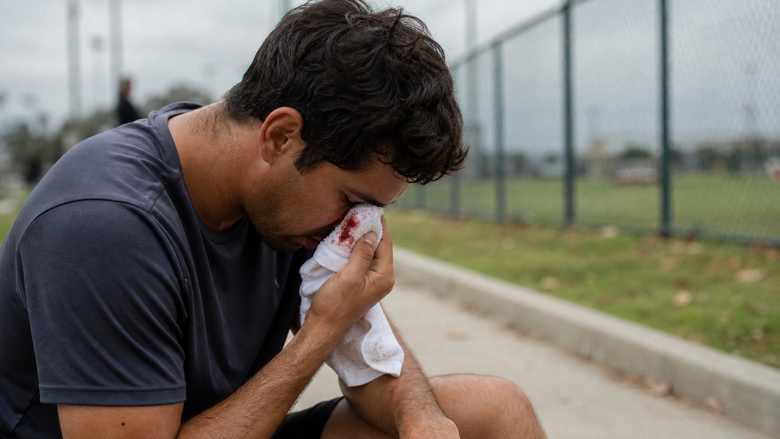 A man in his 30s sitting on a curb after a sports collision, leaning forward and pinching the bridge of his nose with a towel, blood visible on the towel