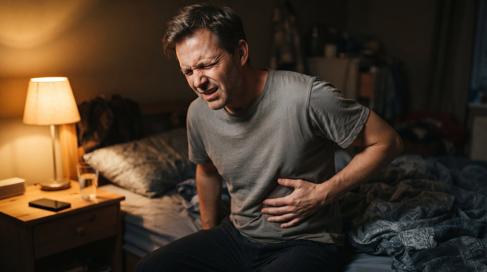 A man in his mid-40s sits on the edge of a bed at night, one hand pressed against his ribs, wincing in pain under warm lamp light