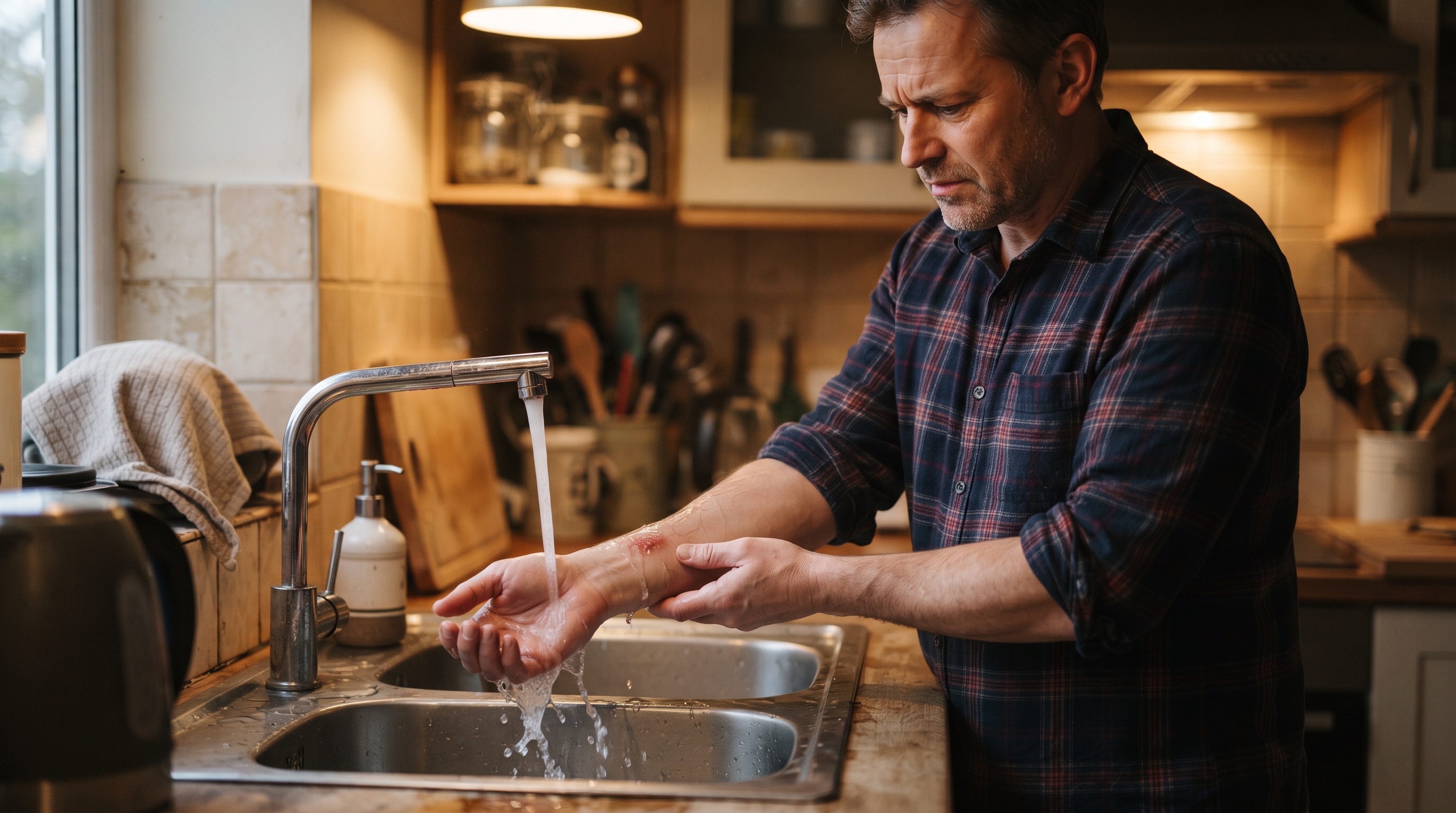 A middle-aged man holding his forearm under a stream of cool running water at a kitchen sink, wincing, warm low evening light through the window