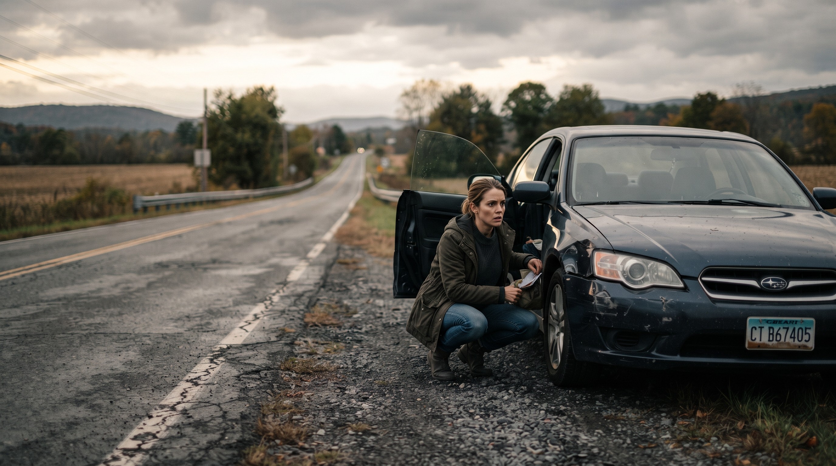 Bystander providing first aid at a car accident scene on a road