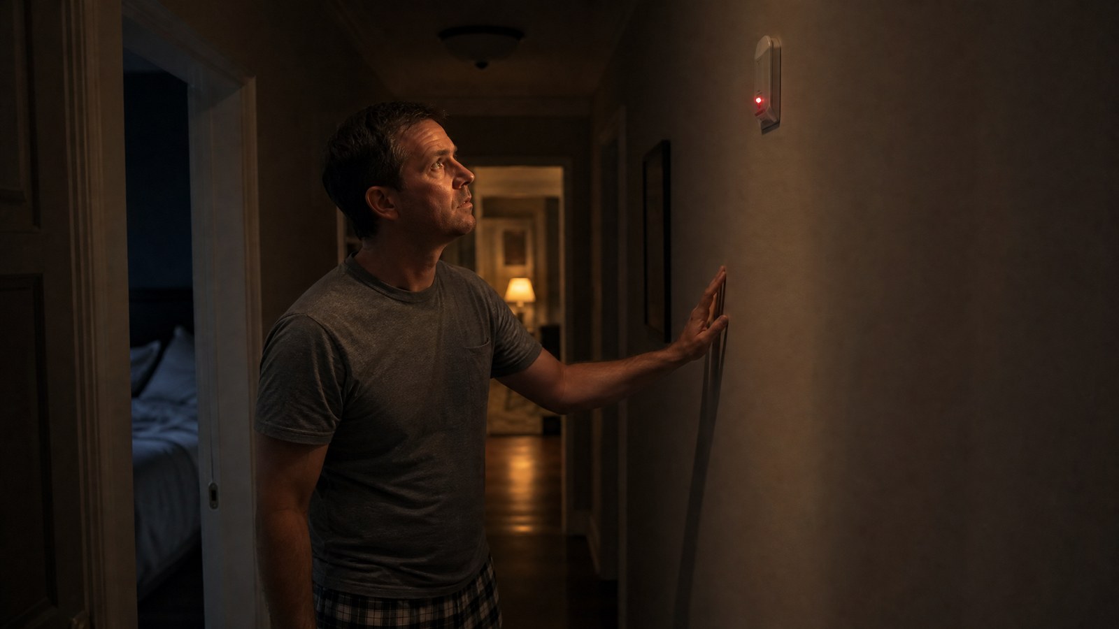 A man in a dim hallway at night looking up at a wall-mounted alarm with a glowing red light