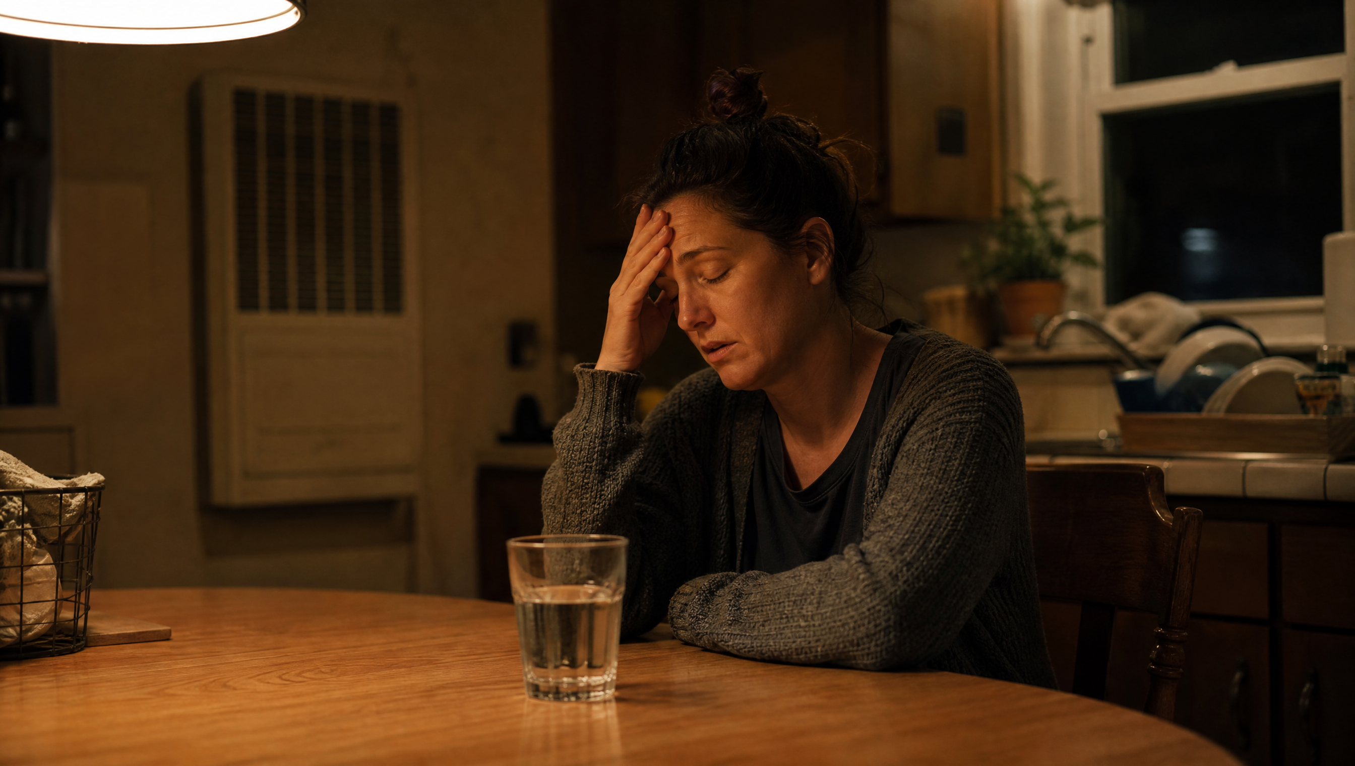A tired woman sits alone at her kitchen table late at night rubbing her temples, unaware a furnace vent behind her is the source of her sickness