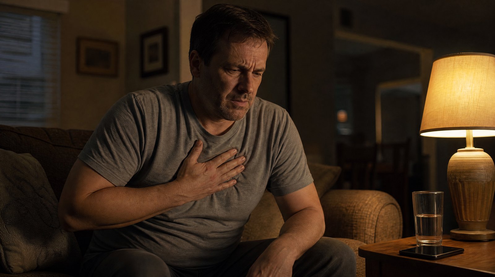 A man in his mid-40s sitting on the edge of a couch at night under lamplight, pressing his palm flat against his chest with a worried, thoughtful expression