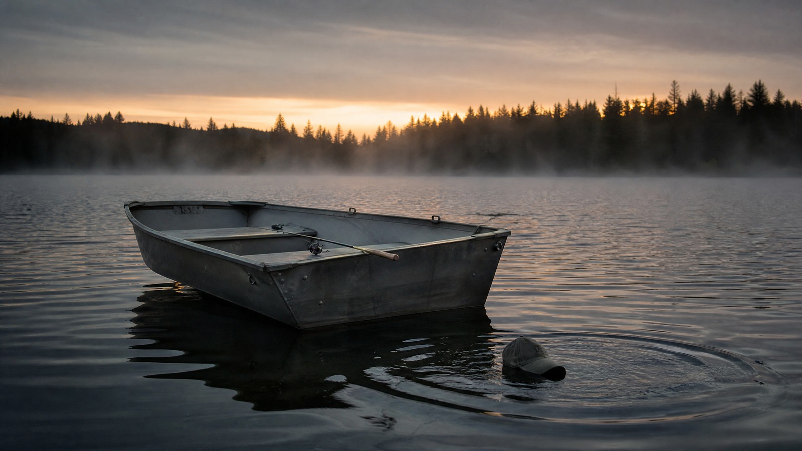 An empty aluminum fishing boat drifting on a gray cold lake at dawn, a fishing rod across the seat and a floating ball cap with ripples spreading on the water beside it