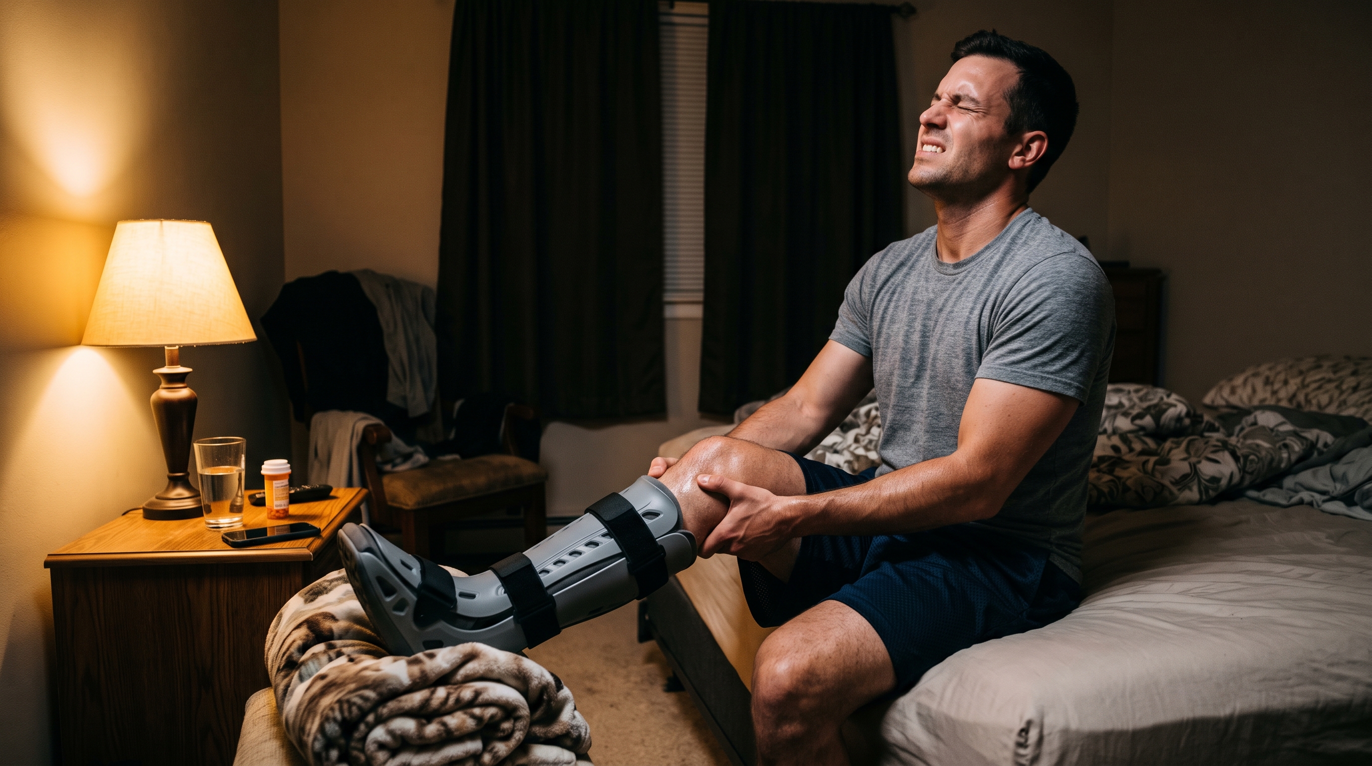 A man in his early thirties sits on the edge of a bed at night with a rigid lower-leg splint, gripping his shin above it with both hands, head tipped back in pain under warm lamp light