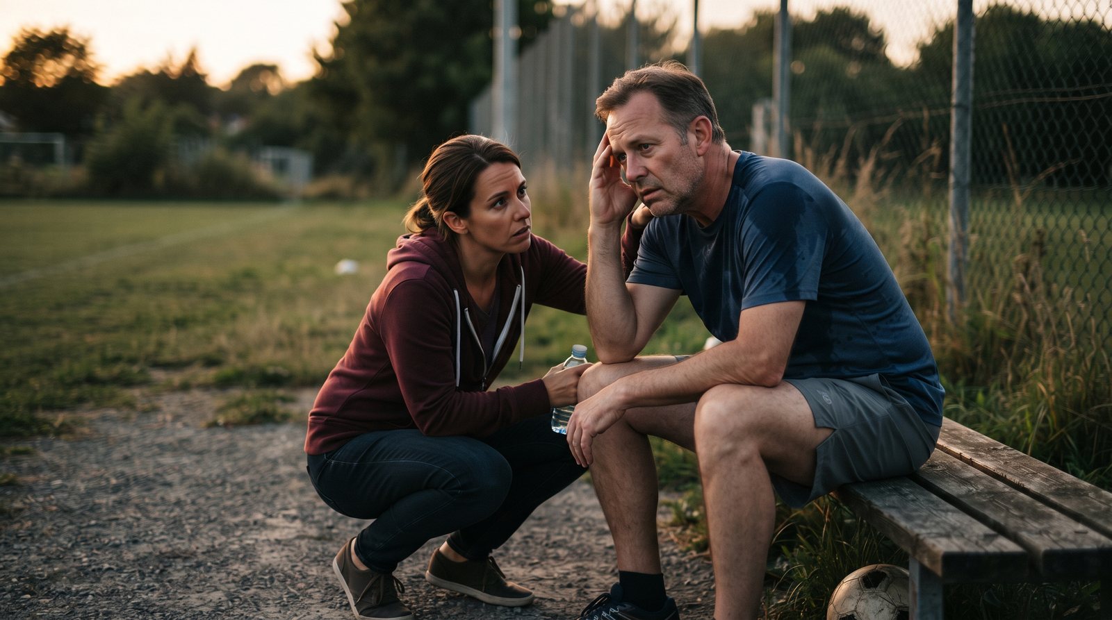 A dazed middle-aged man sits on a bench at the edge of a rec-league field at dusk holding his head while another adult crouches and studies his eyes with concern