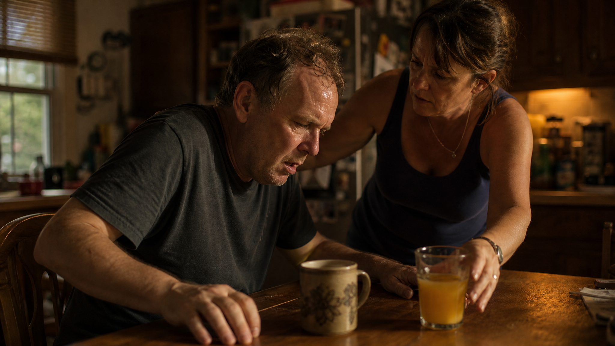 Man in his fifties slumped and disoriented at a kitchen table, sweating and pale, while a woman steadies him with one hand and reaches for a glass of juice in warm late-afternoon light