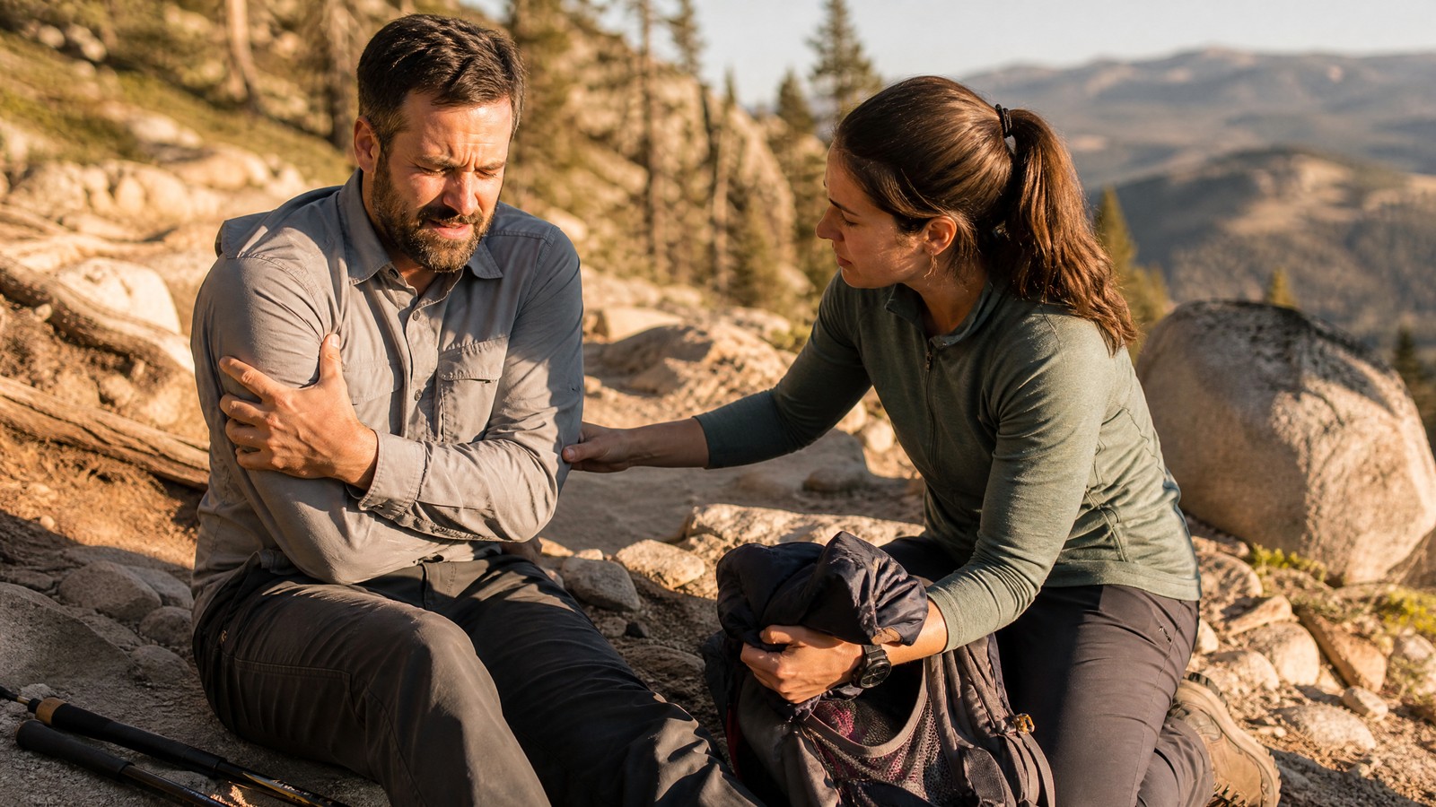 A hiker sitting on a mountain trail holding his injured shoulder against his body while a partner steadies his arm