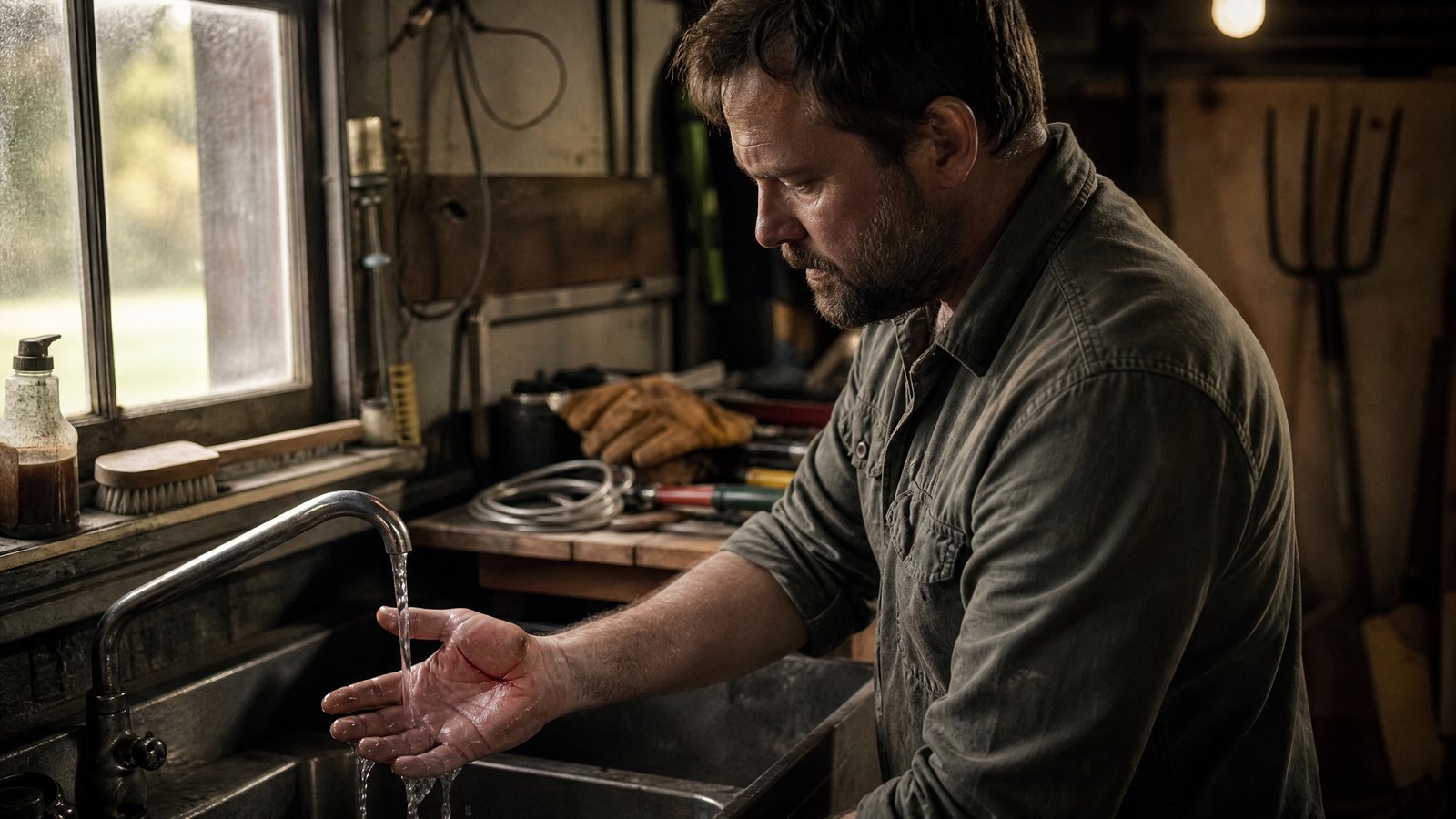 A man in his forties stands at a garage utility sink running cold water over a cut on his palm, dirt and tools on the bench behind him