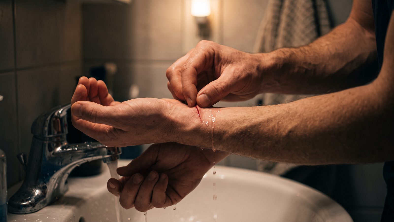 Close view of an adult's hands under running water at a bathroom sink at night, one hand gently spreading the edges of a fresh forearm cut to inspect it