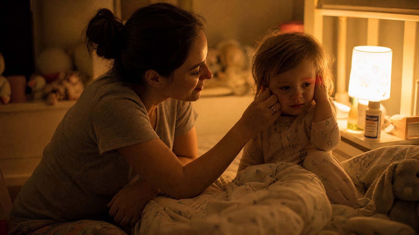 A mother kneeling beside her toddler's bed at night, gently checking near the child's ear by warm lamp light while the toddler sits up looking uncomfortable