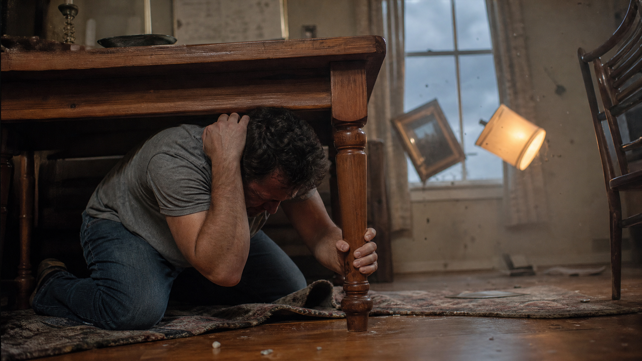 Man crouched under a sturdy wooden table covering his head during an earthquake as items fall around him