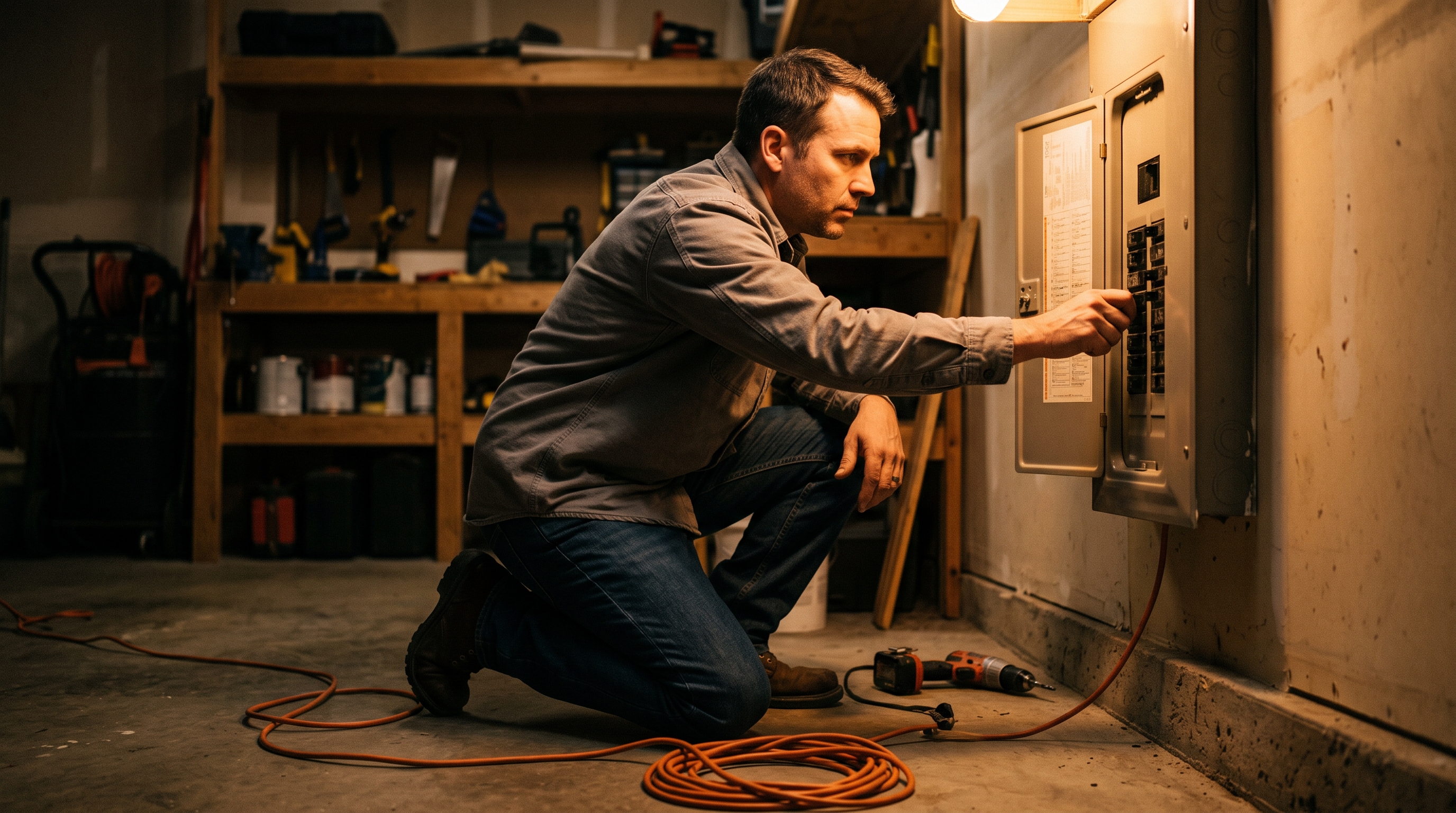 A man kneels at a garage breaker panel flipping a switch off, a coiled extension cord and a fallen power tool visible on the concrete floor nearby, dim work-light lighting