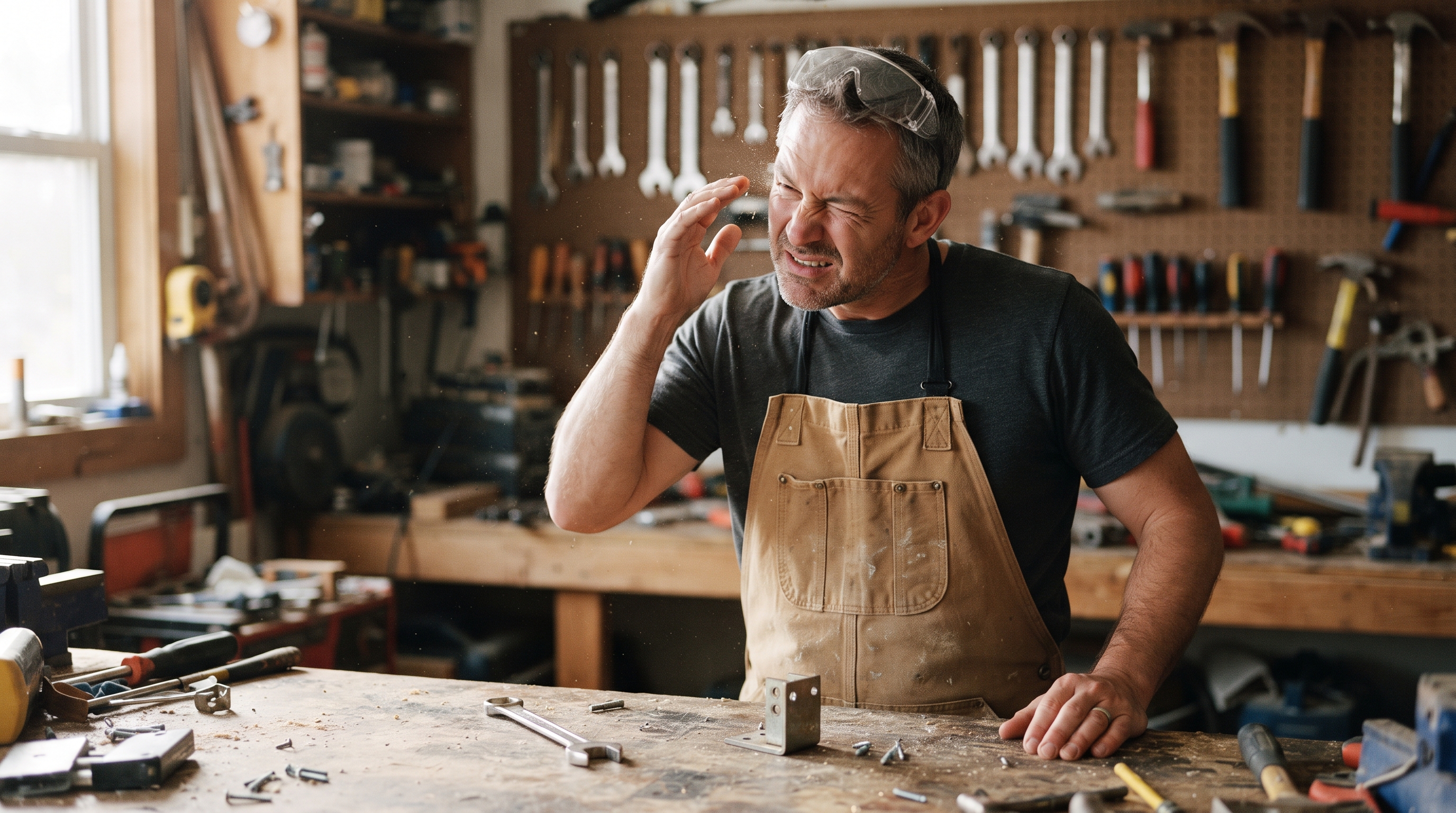 A man in a garage pauses mid-task, one hand near his eye after a piece of debris flicked up while working, safety glasses pushed up on his forehead