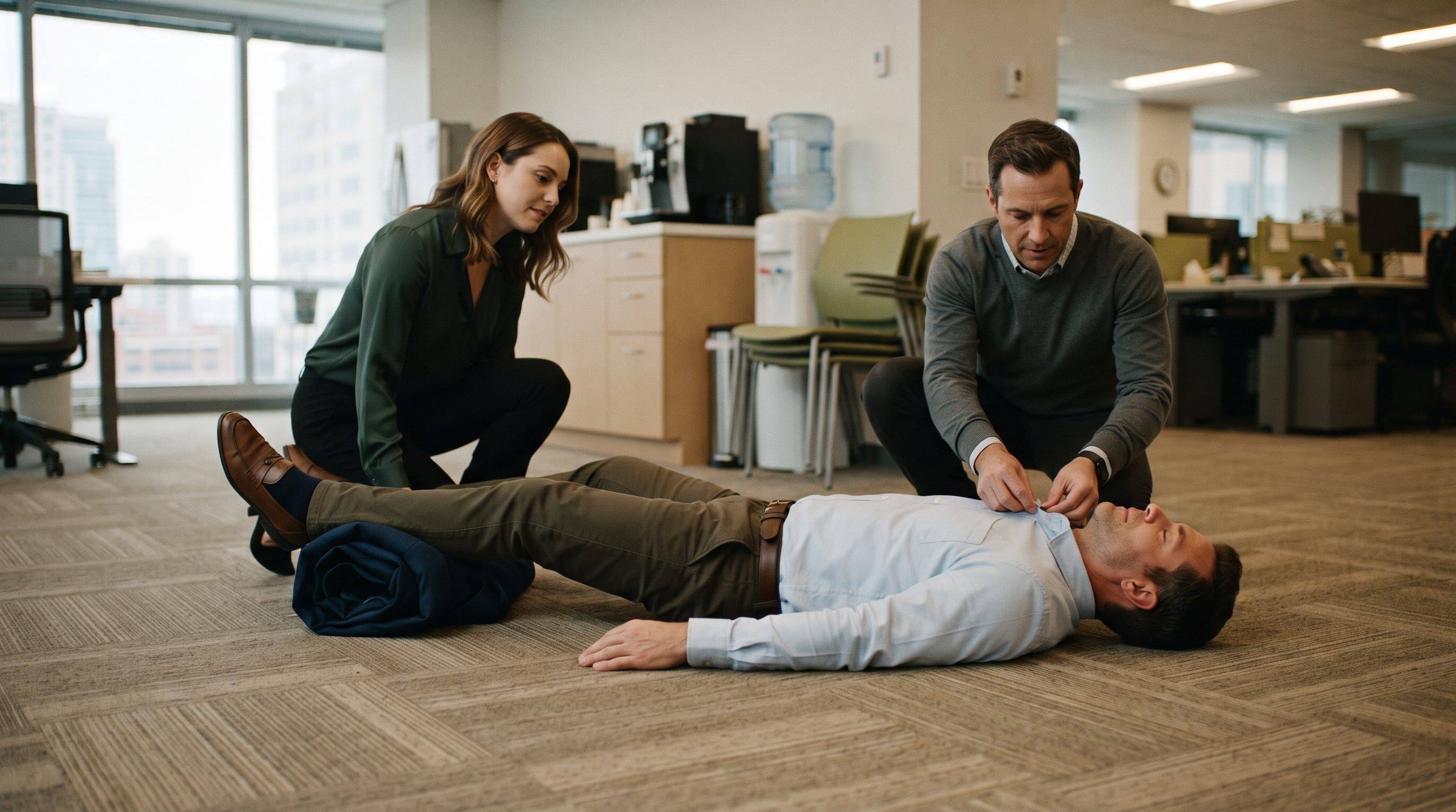 A coworker kneels beside a person who has fainted and is lying on an office floor, gently raising their legs while another coworker loosens the collar of their shirt
