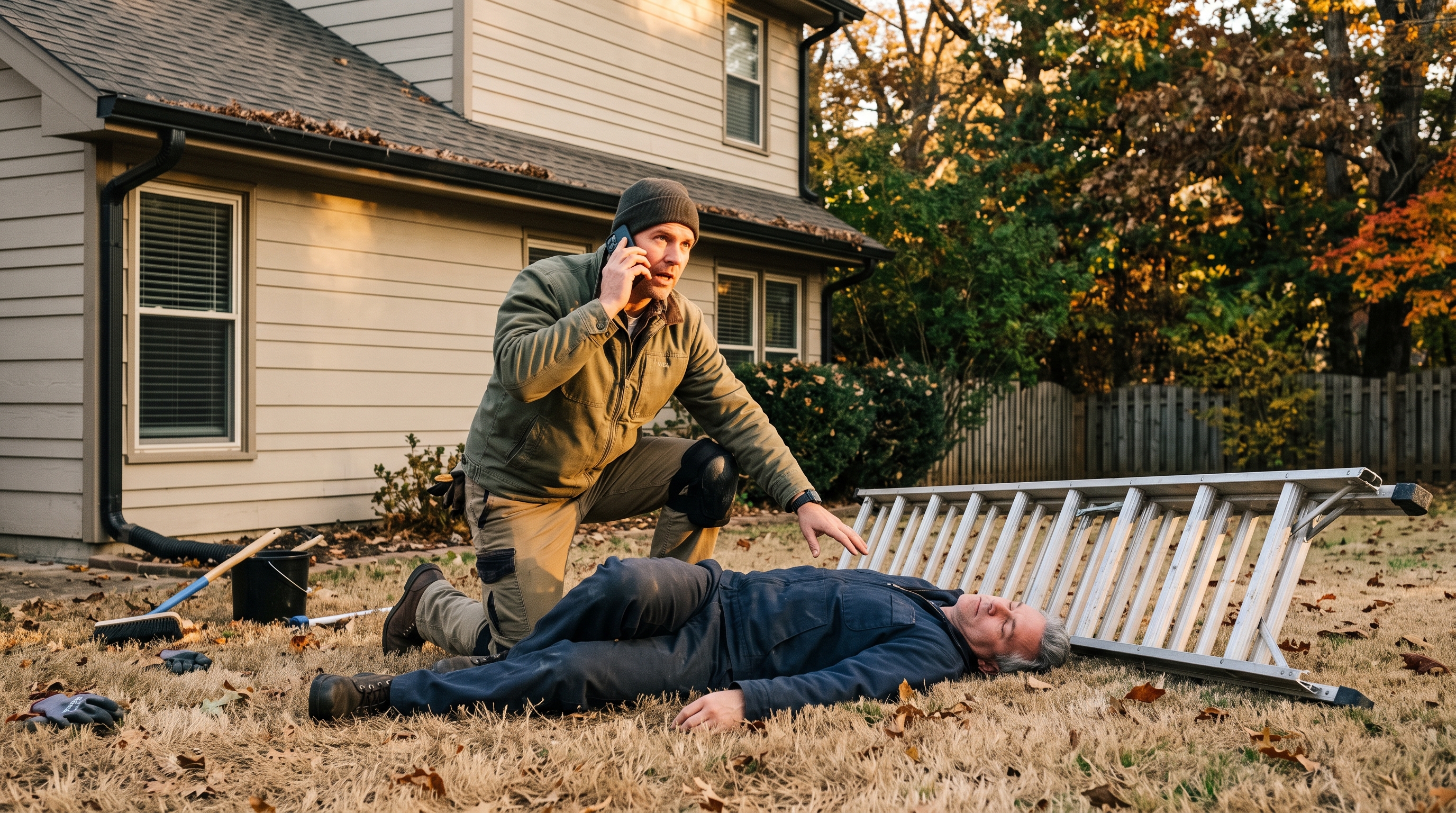 A homeowner kneels beside a fallen ladder next to a person lying on the ground near a house, keeping them still while calling for help