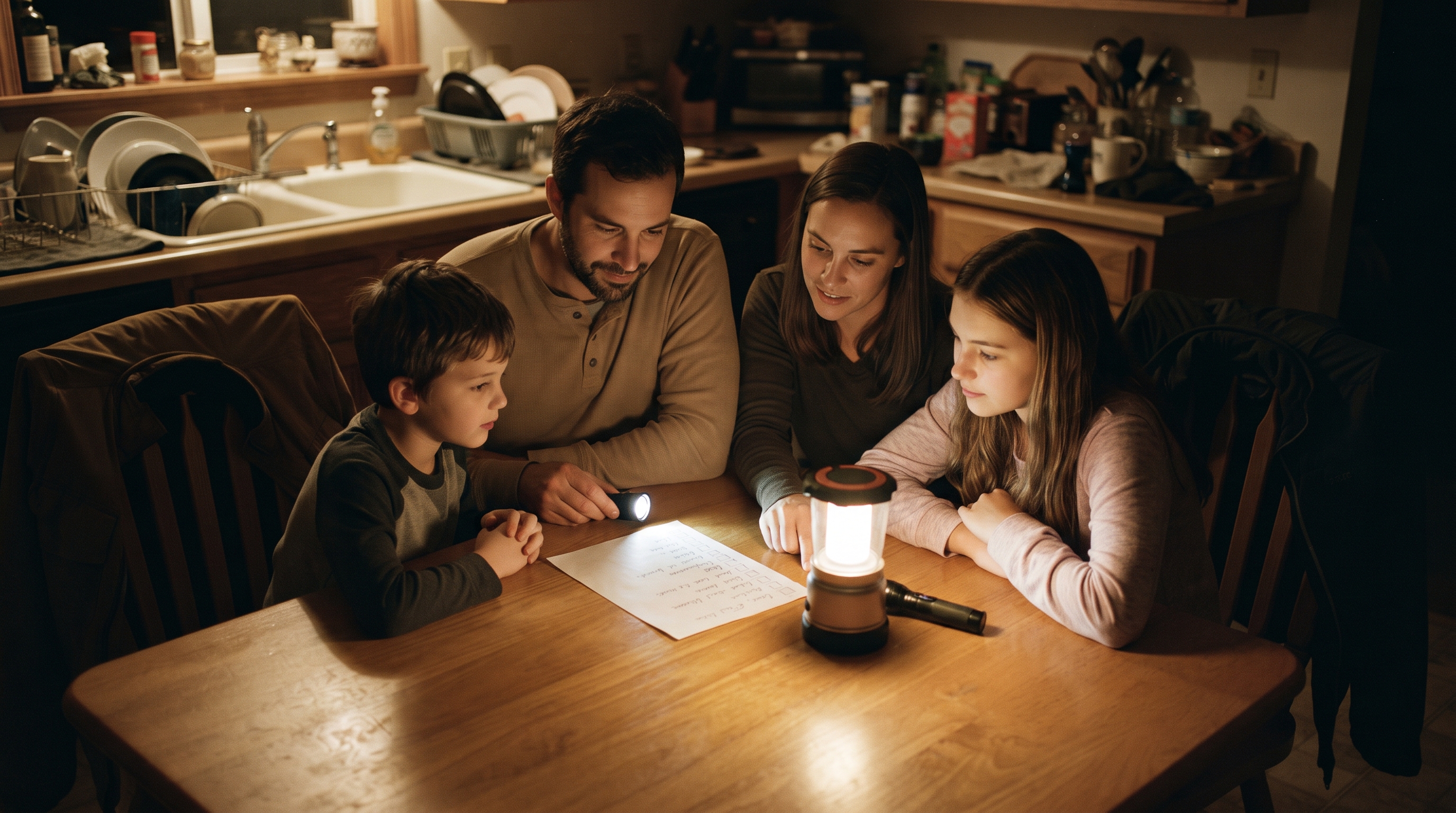 Family sitting together at a kitchen table by lantern light during a power outage, reviewing their emergency plan