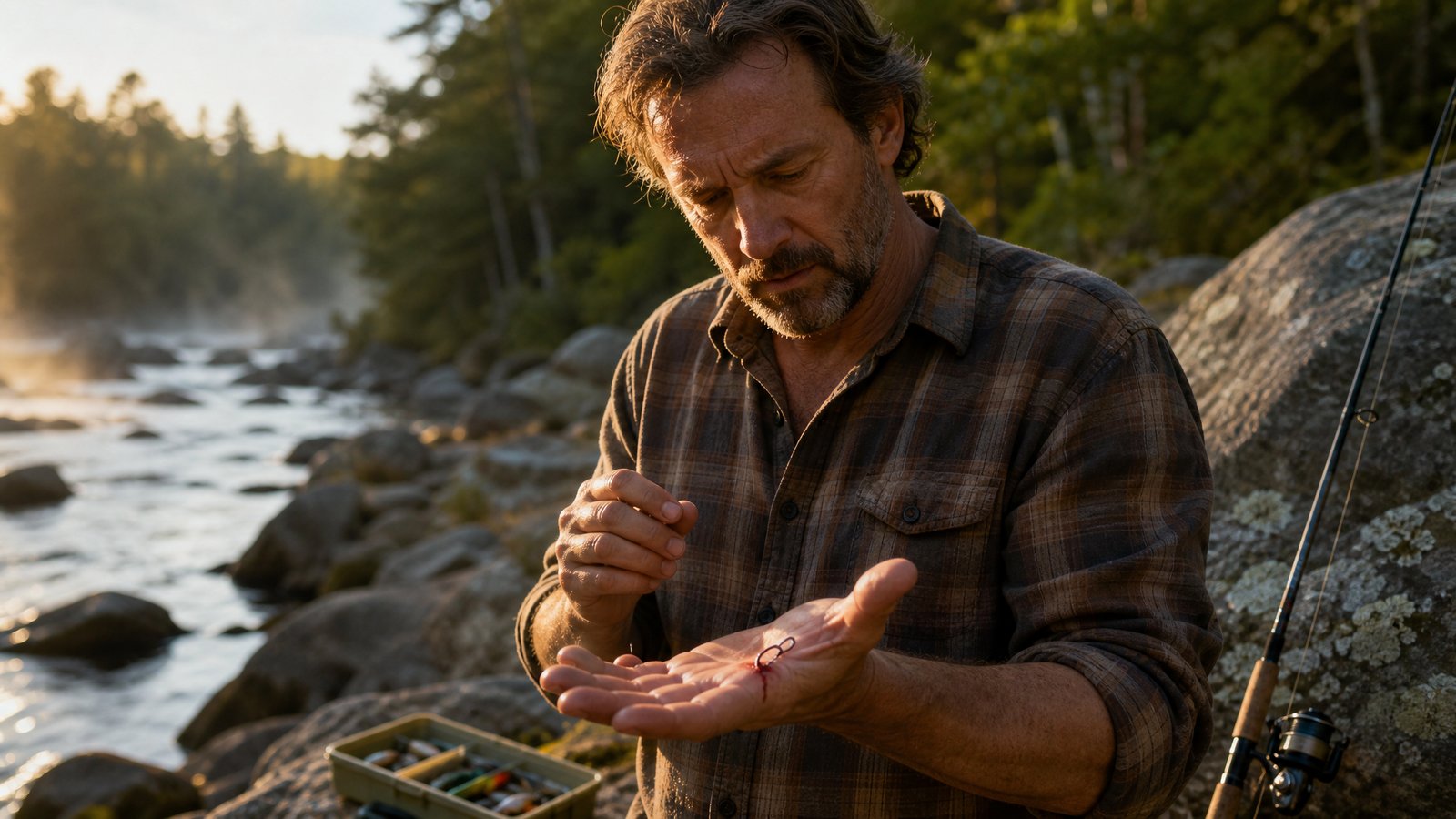 A man in his 40s on a riverbank at golden hour looking down at a fishhook embedded in his palm, fishing rod resting nearby