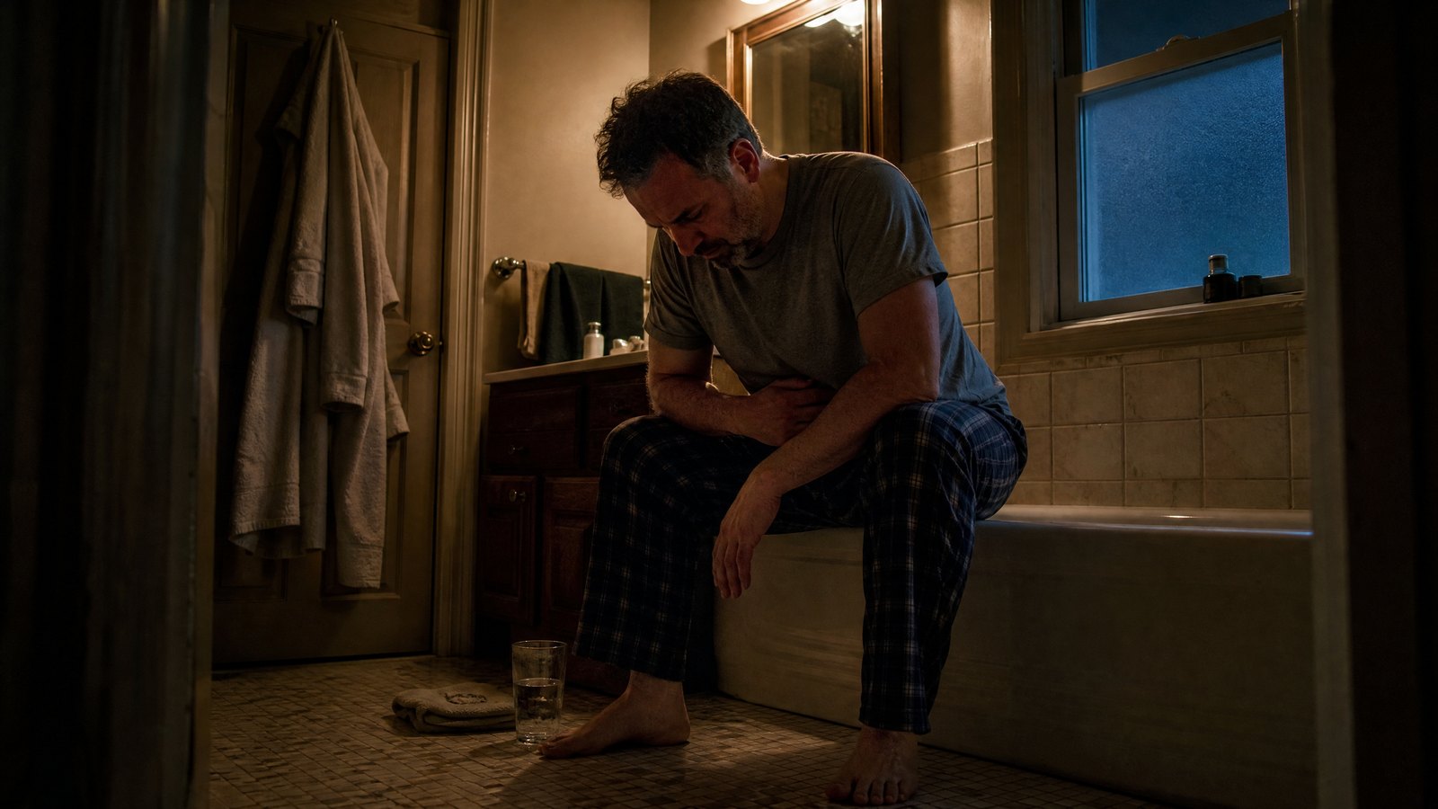 A man in his forties sits on the edge of a bathtub in a dim early-morning bathroom, one hand on his stomach, a glass of water on the tile beside him