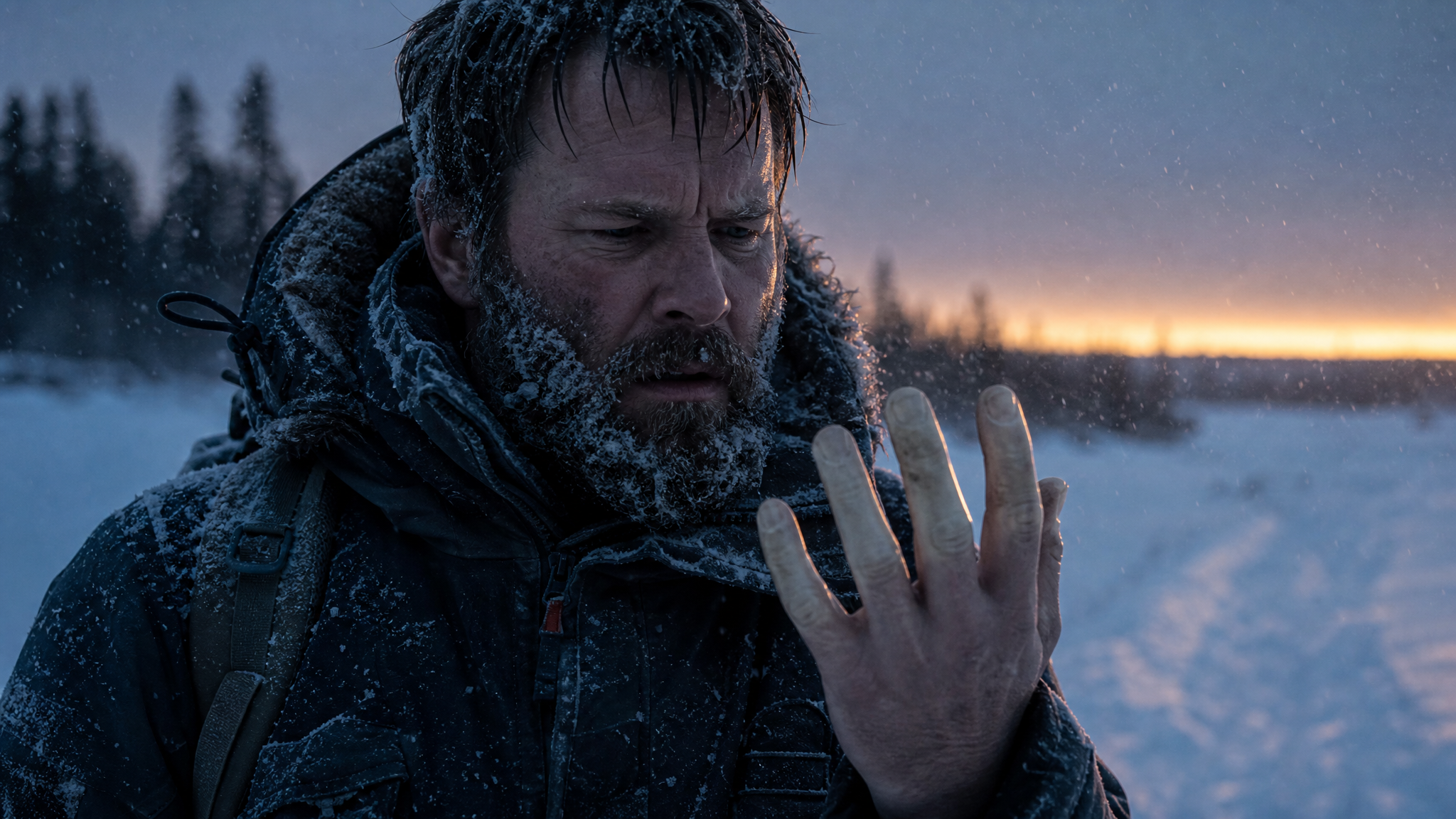 A man standing outdoors in deep snow at dusk pulls off a thick glove to inspect his bare fingers, which look pale and stiff in the fading light