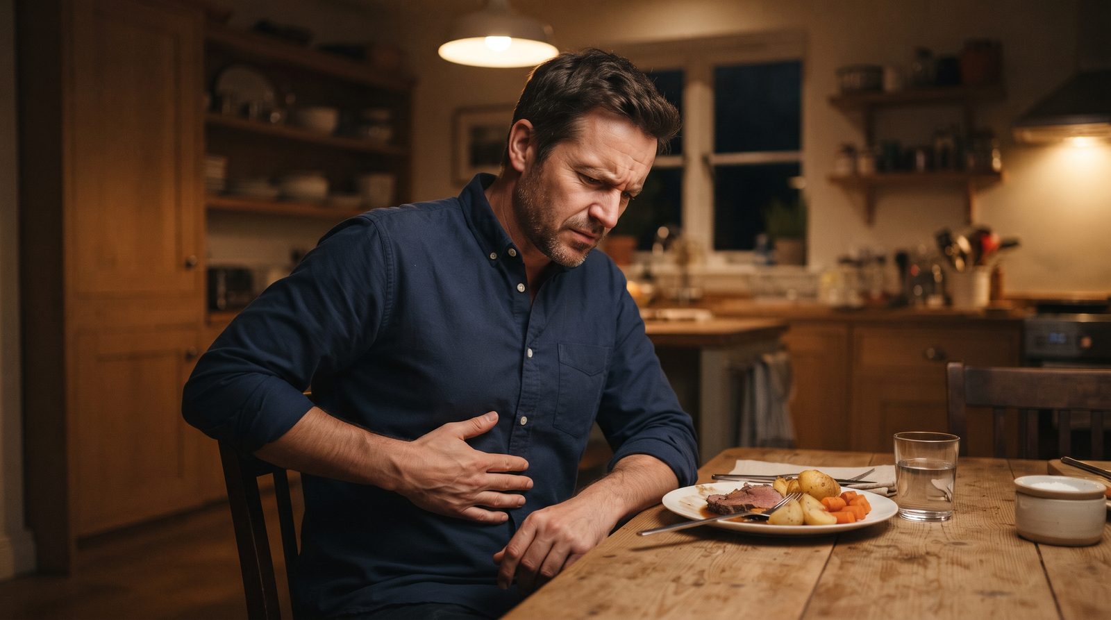 A man in his 40s at a home dinner table presses one hand flat under his right ribs, pushed back slightly from a half-finished plate of rich food