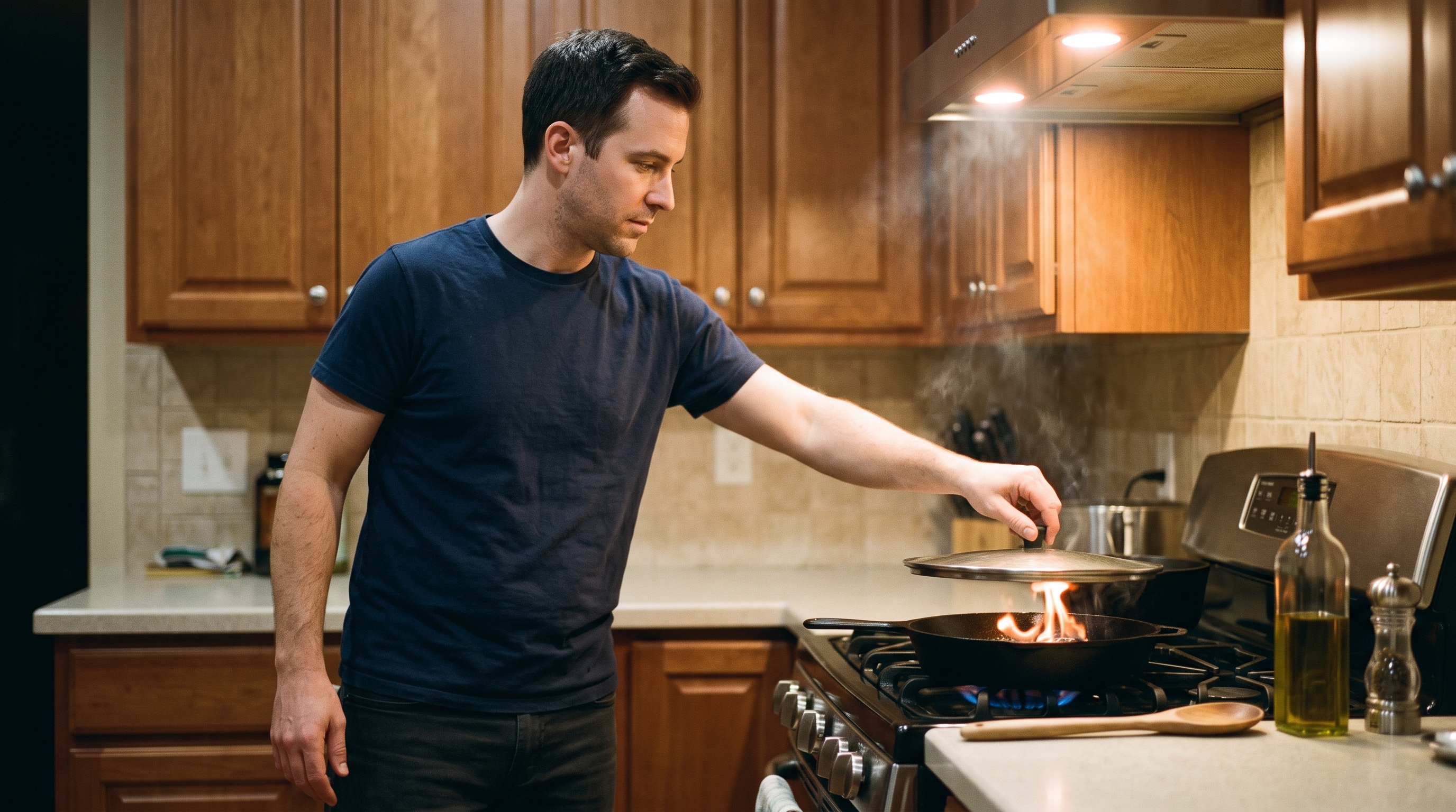 A man calmly sliding a metal lid over a skillet with small flames on a home stove