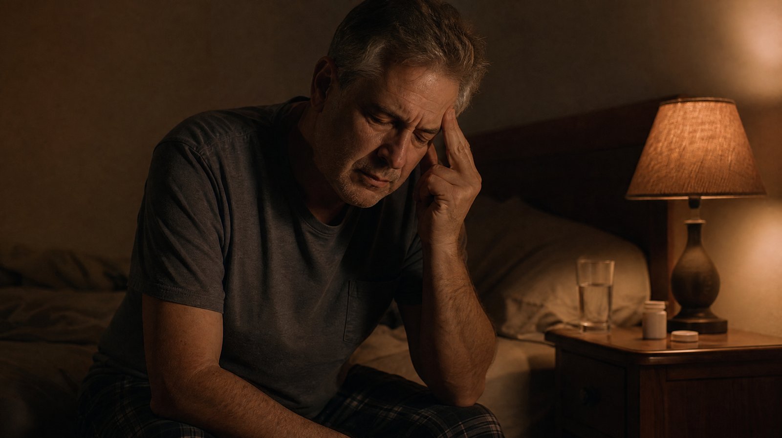 A man in his 50s sitting at the edge of a bed at night pressing his fingers against his temple, lamp on beside him, a pained and uncertain expression on his face