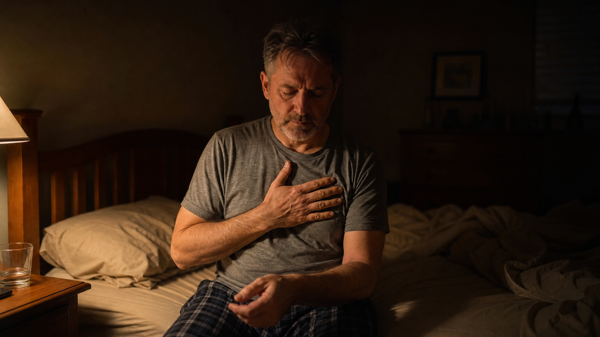 A man in his fifties sits on the edge of a bed in a dim room at night with one hand flat against his chest and his eyes lowered, a low bedside lamp lighting one side of his face while the rest of the room stays dark