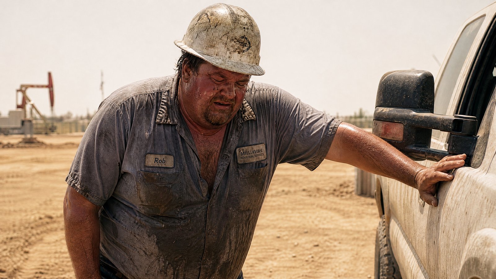 A drenched outdoor worker in his 40s staggers and braces himself against a truck under a blazing midday sun, overcome by heat