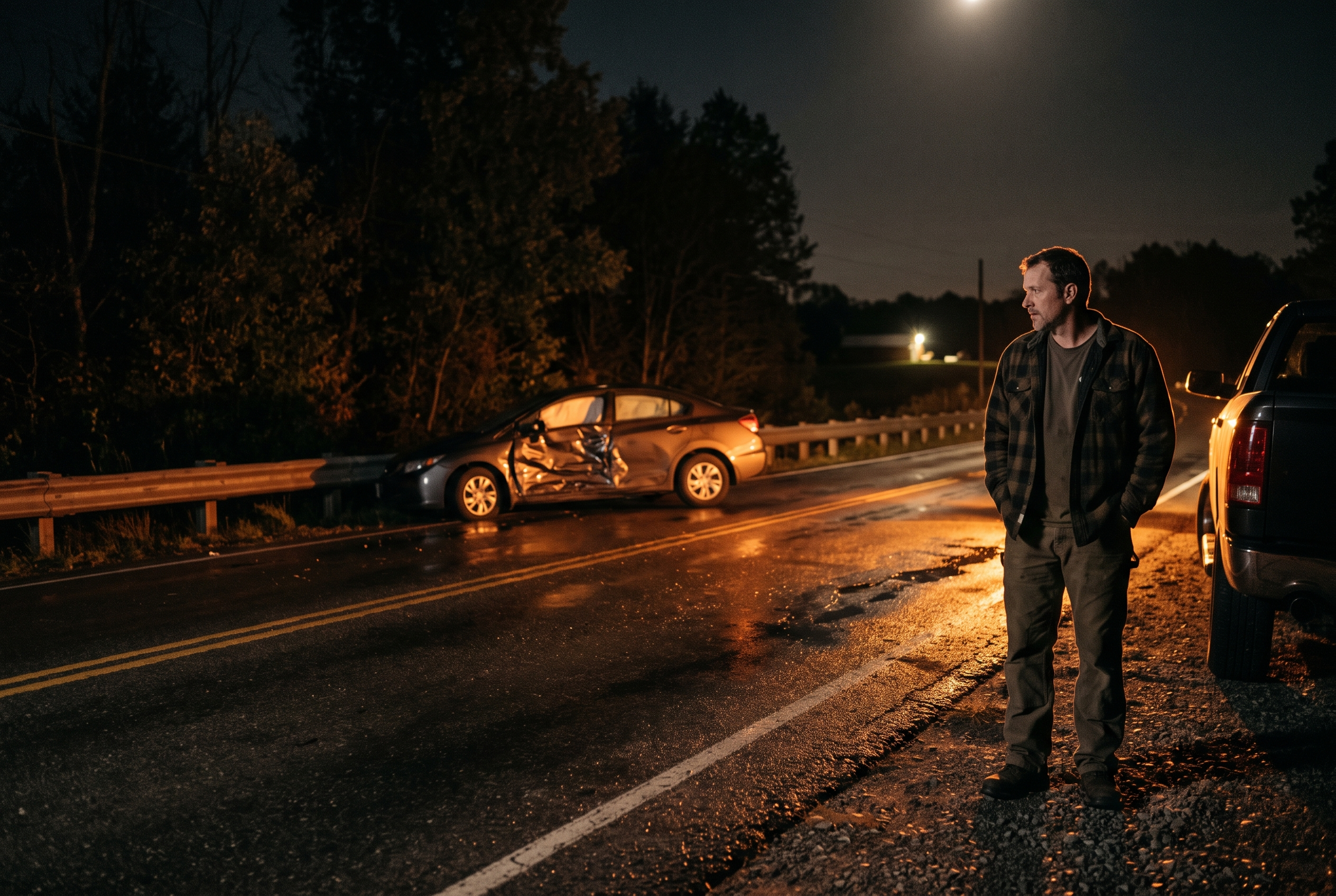 Bystander helping someone trapped in a crashed vehicle at the side of a road
