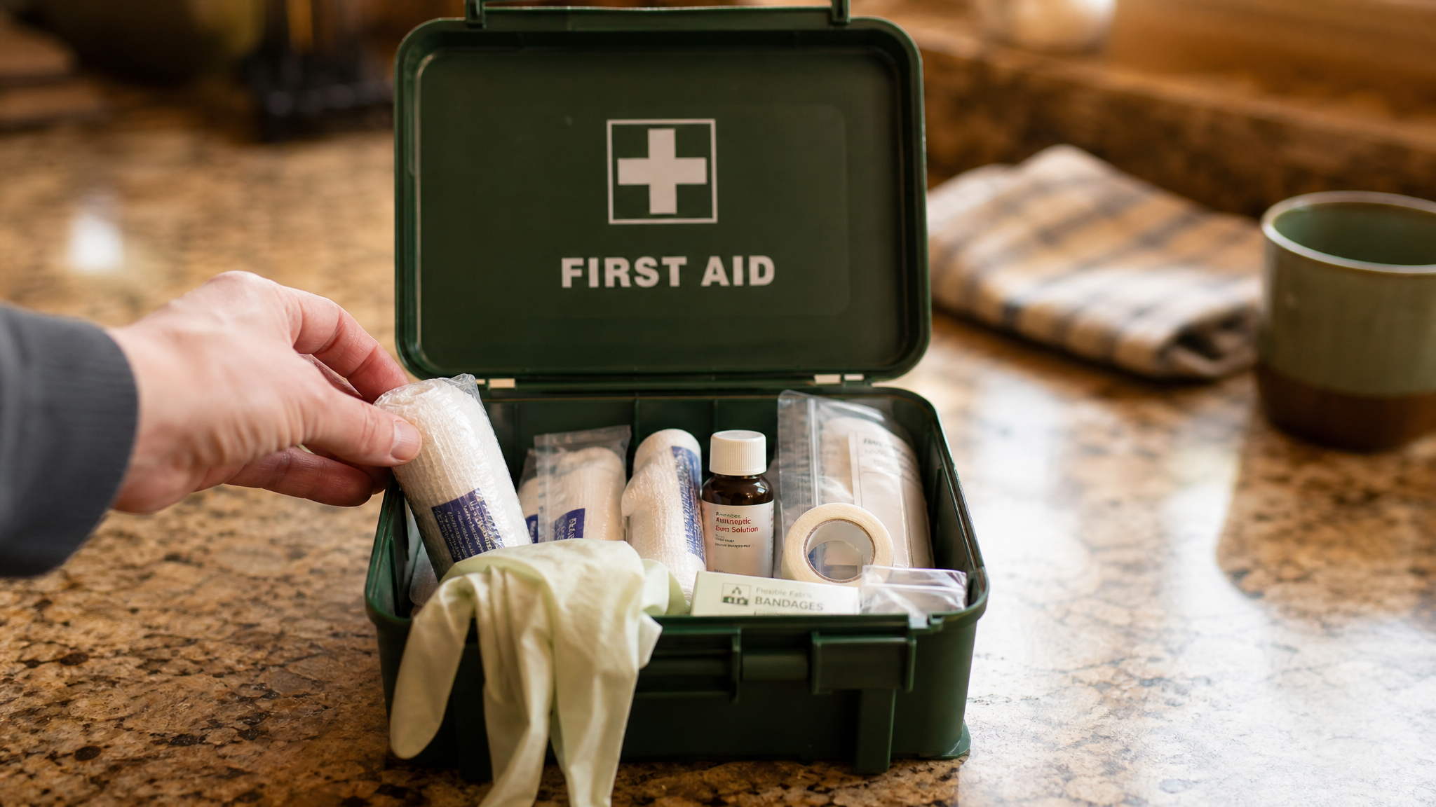 Open home first aid kit on a kitchen counter with gauze, bandages, and medical tape organized inside, warm afternoon light