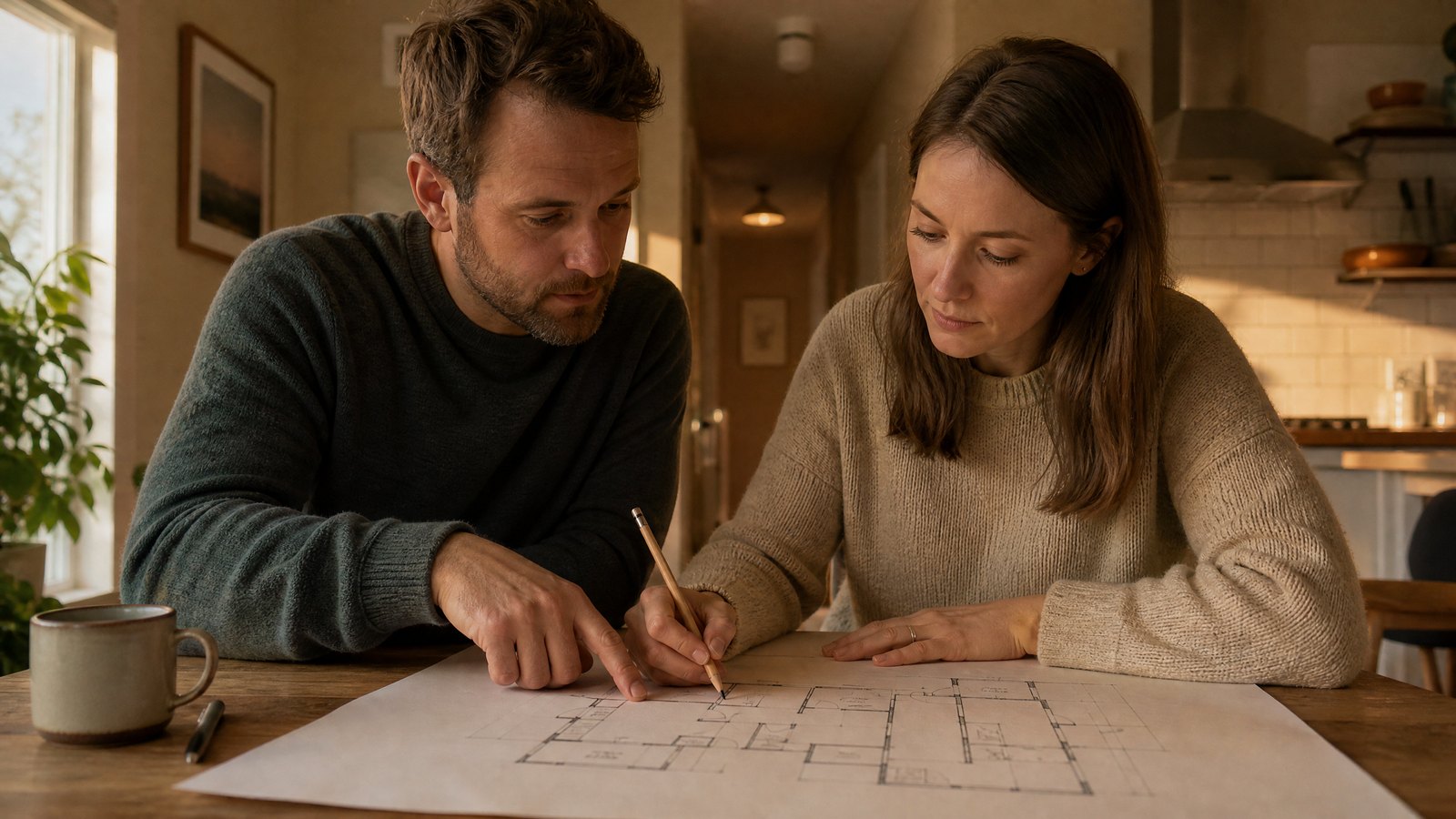 A man and woman sketching a floor plan of their home at a kitchen table to plan fire escape routes