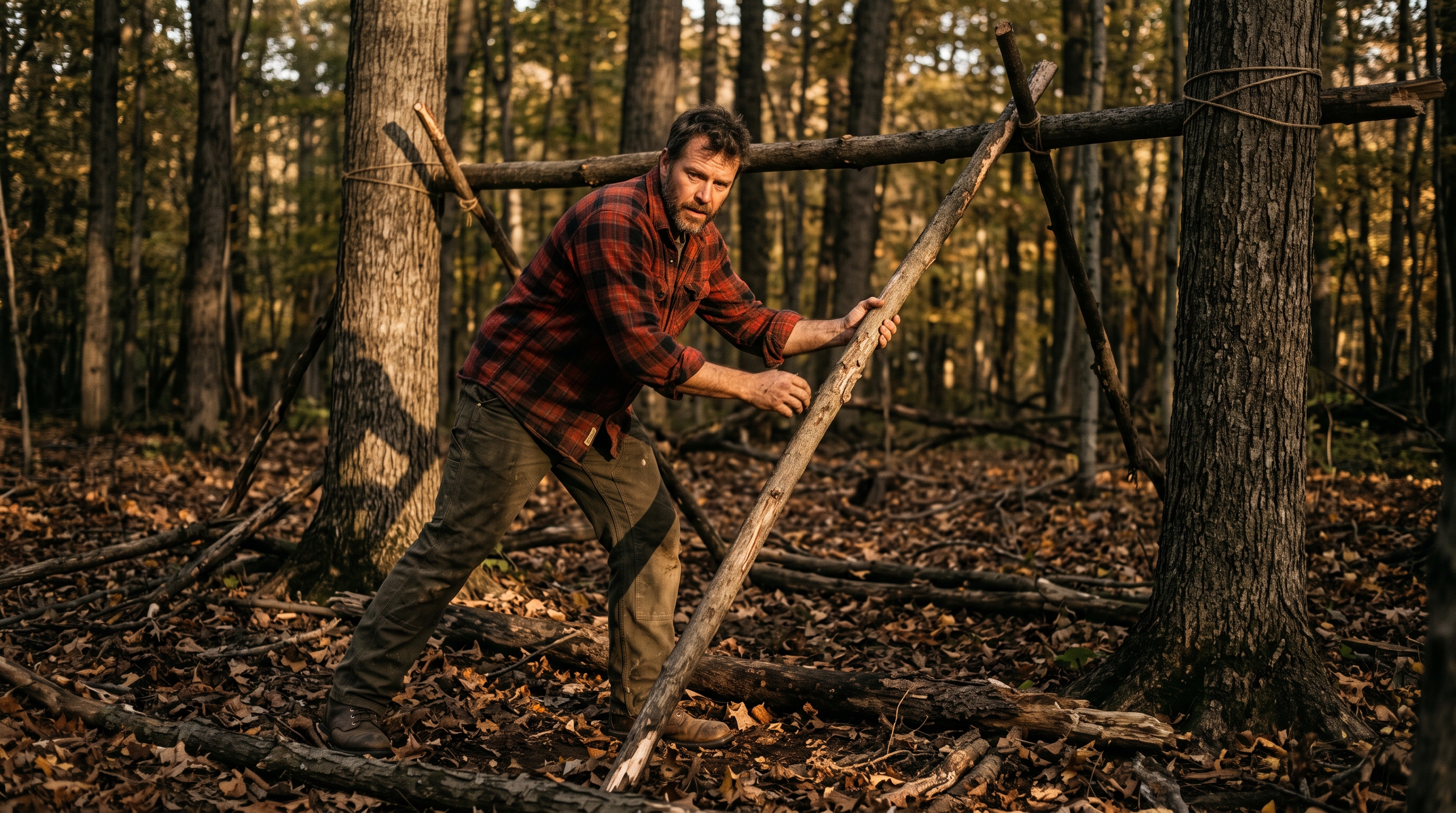 Man building a lean-to shelter frame between two trees in the forest at golden hour