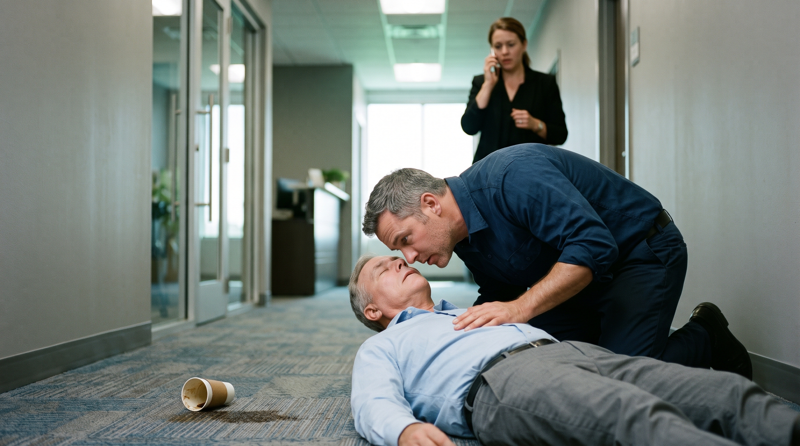 A coworker kneeling beside a man who collapsed in an office hallway, leaning in to check his breathing