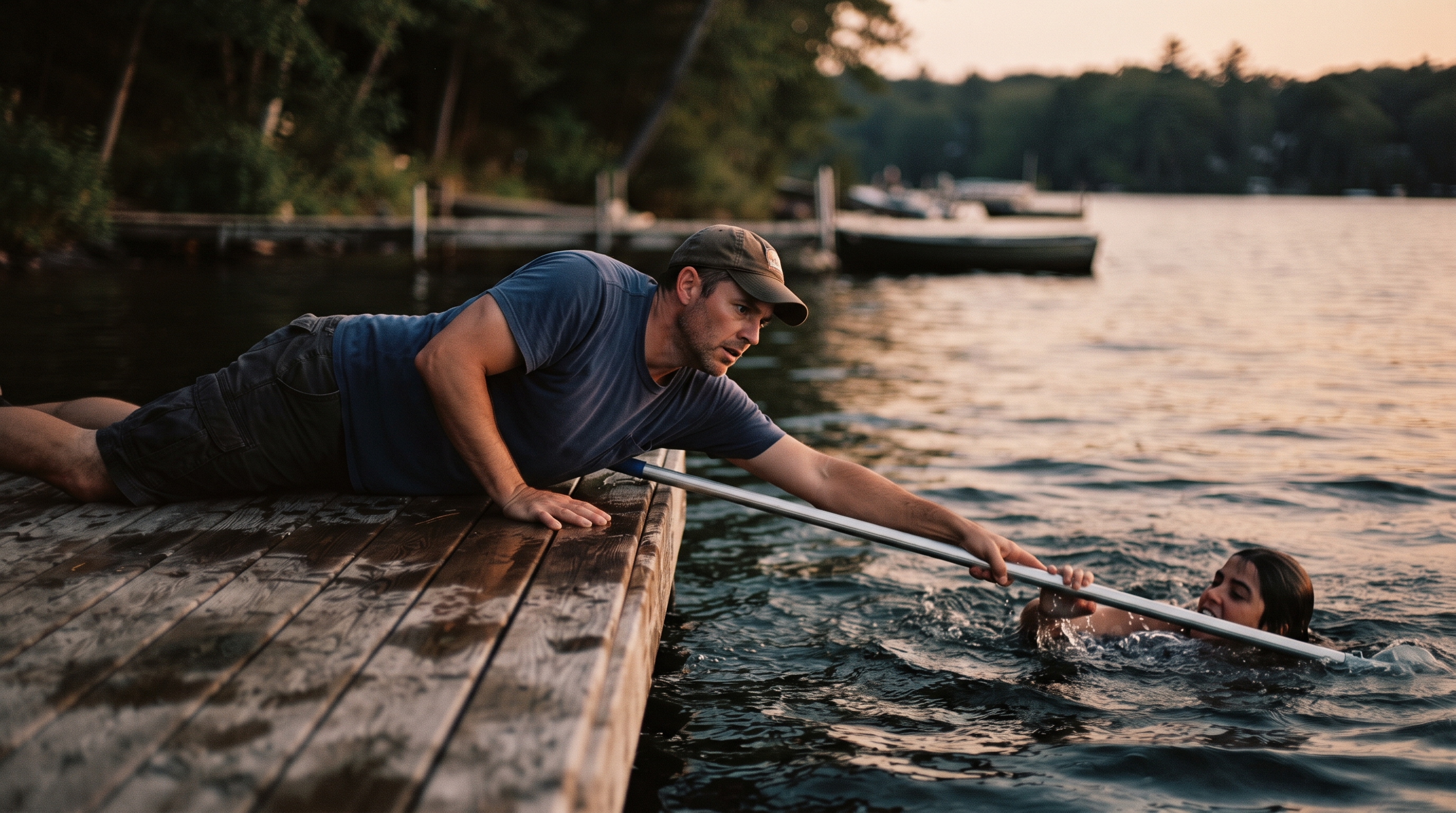A man lying flat on his stomach on a wooden dock at dusk, extending a long pole out over the water toward a struggling swimmer while bracing himself against the edge, warm low light