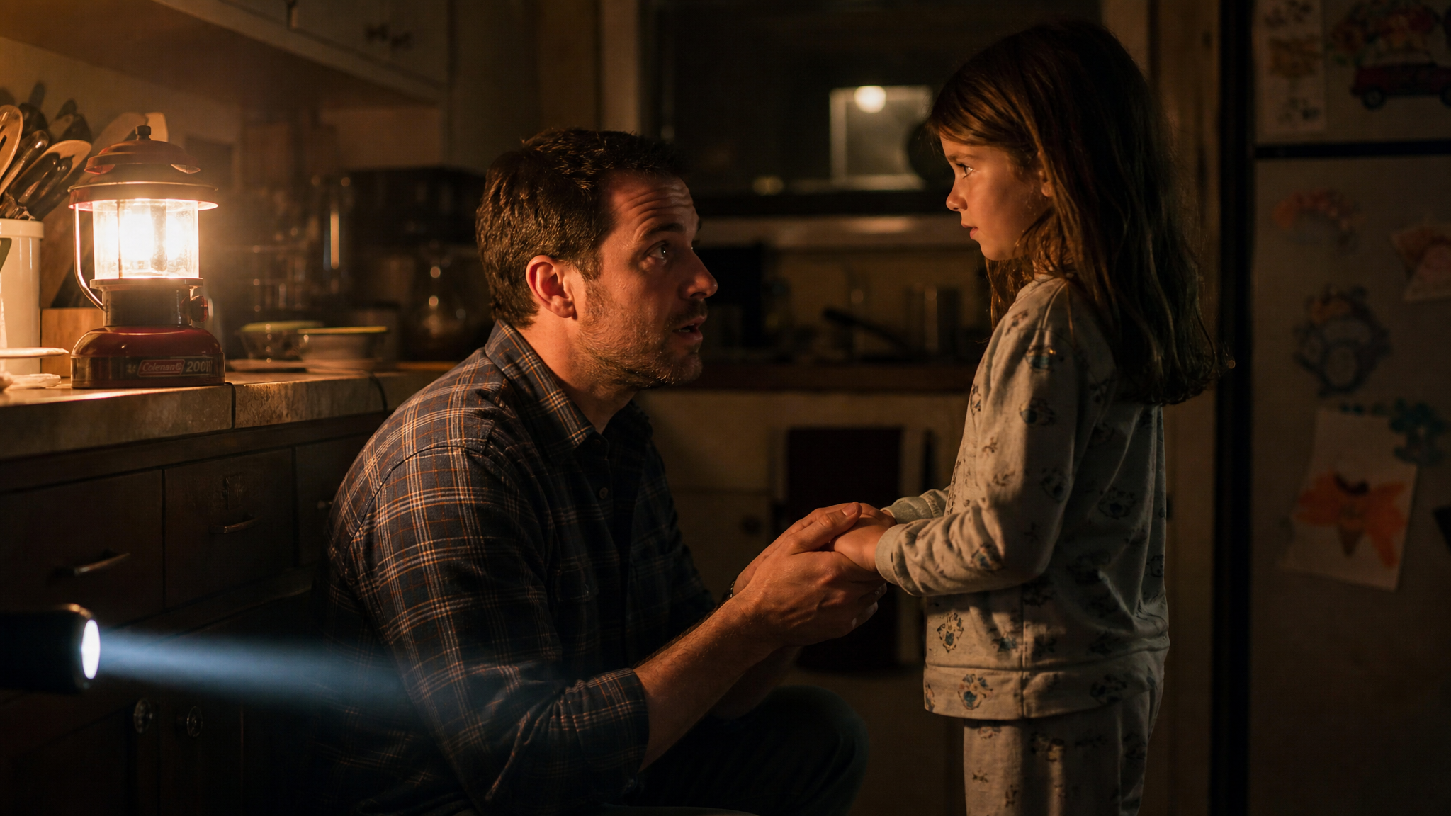 Father kneeling at eye level with his young daughter in a dim kitchen lit by flashlight during a power outage, holding her hands and speaking calmly while she watches his face