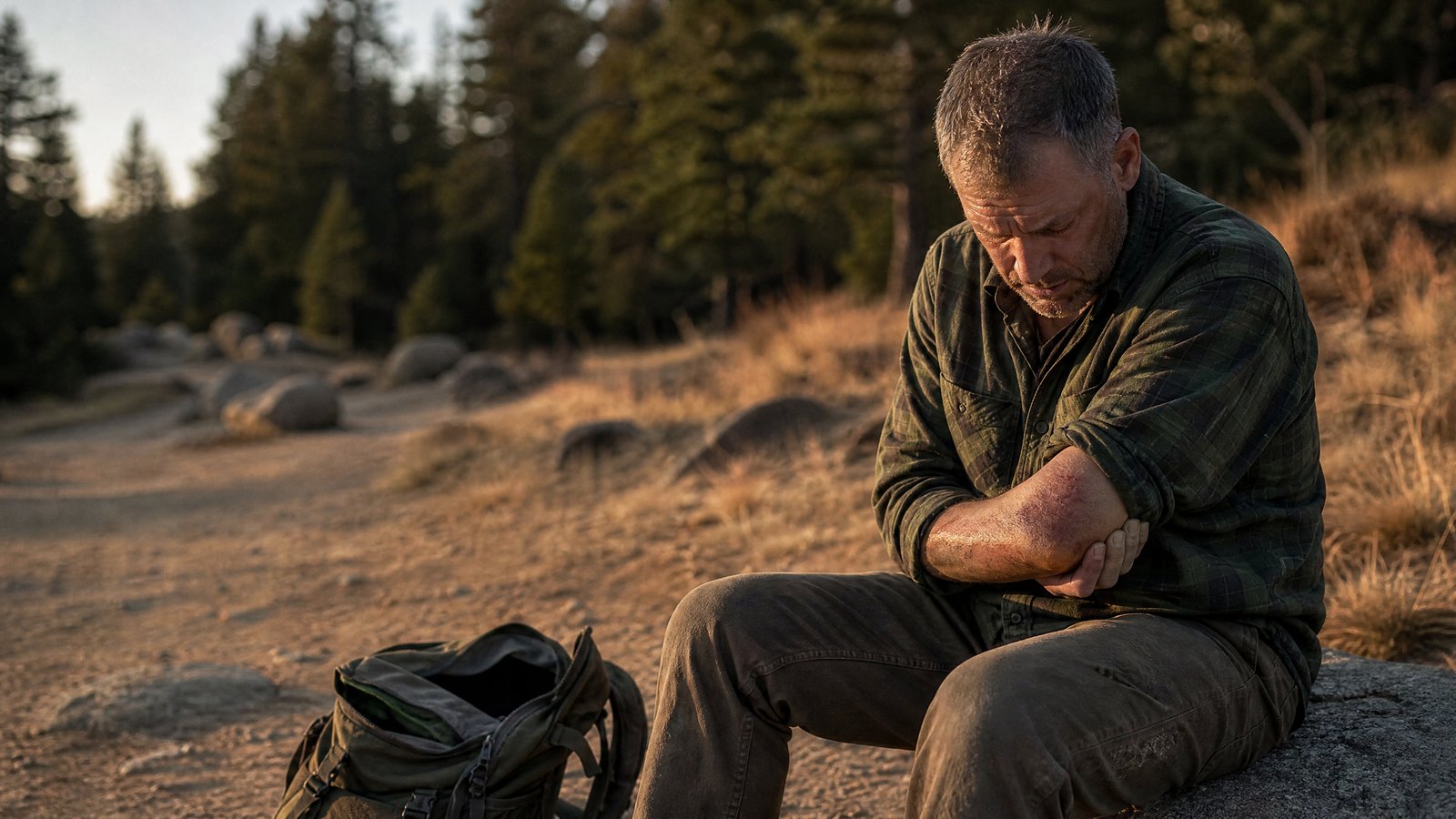 An adult man sits on a rock at a trailhead cradling his injured right forearm against his ribs with his left hand