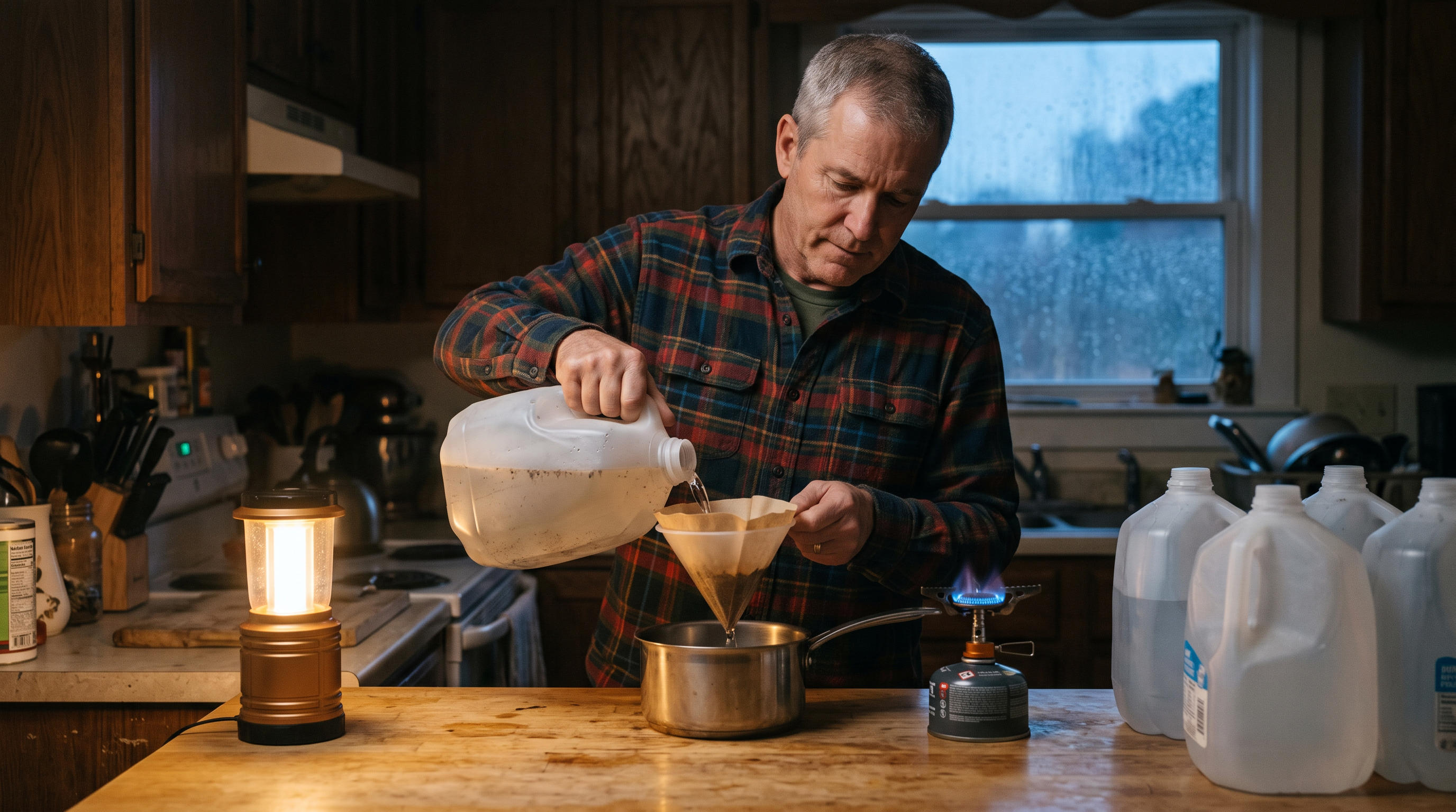A man straining cloudy water through a coffee filter into a pot beside a camp stove in a dim kitchen during a power outage