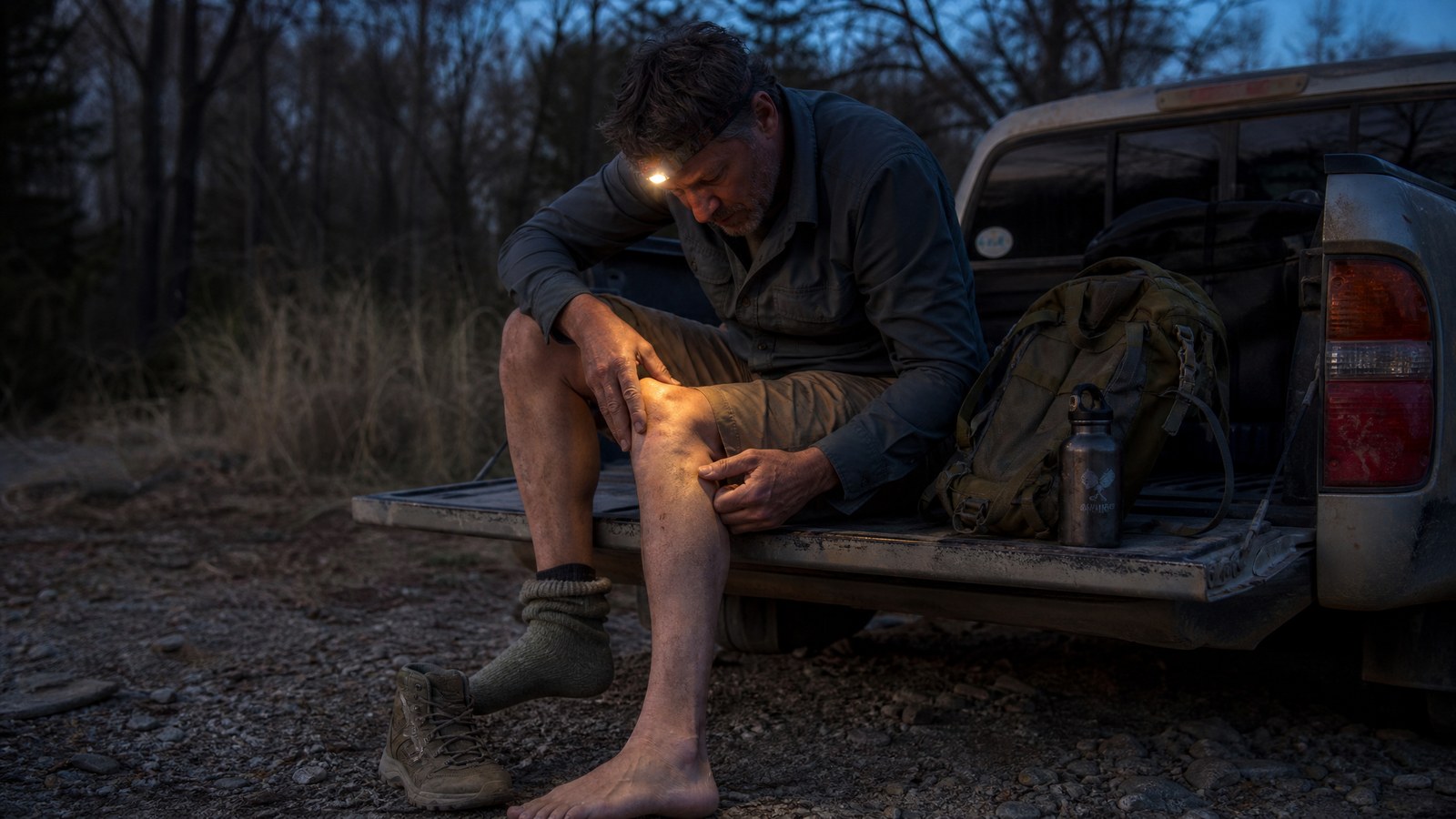 An adult hiker sitting on the open tailgate of a truck at dusk, sock rolled down, examining his lower leg by the light of a headlamp after coming off the trail