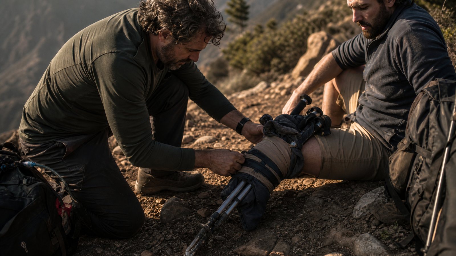 A middle-aged hiker kneeling on a rocky trail steadying another adult's lower leg with a trekking pole splint, packs beside them, warm late-afternoon light
